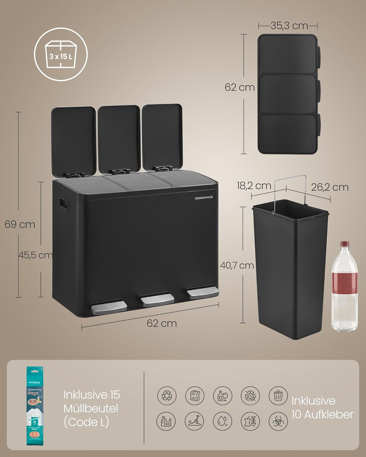 Mülltrennsystem mit Tretmechanismus, 3 x 15 L, LTB145BZ02, schwarz 3 x 15 L
