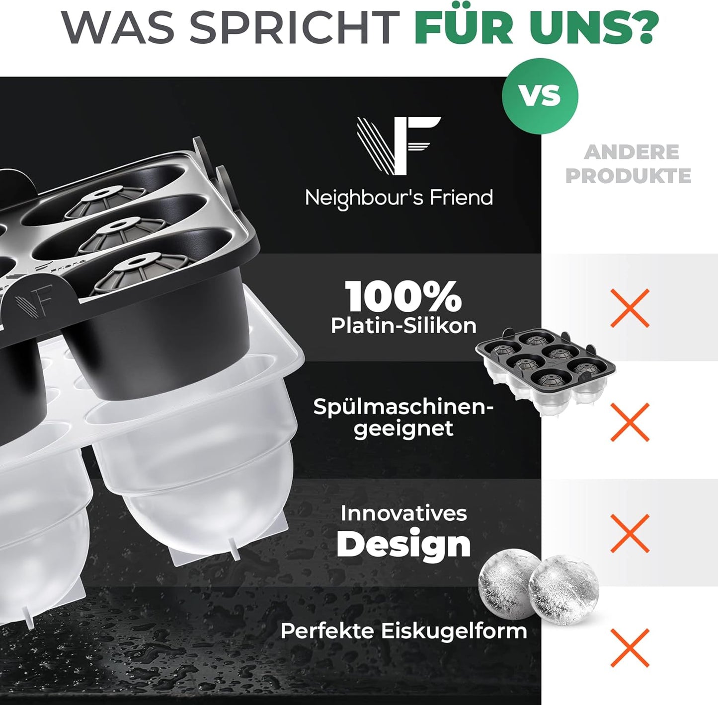 Eiskugelform-Set (4 Stück) für Cocktails & Whisky, 4x Eiskugelform