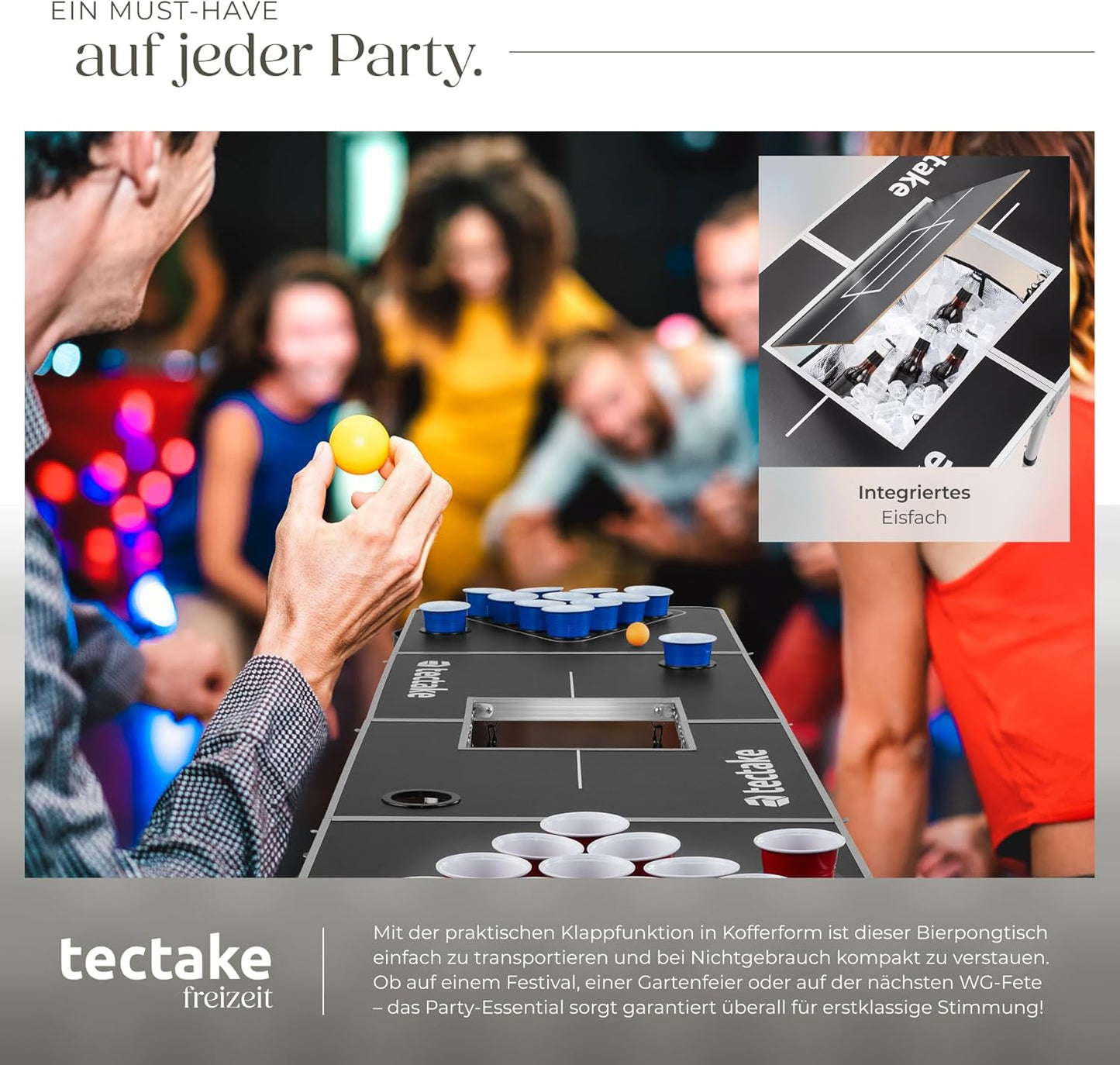 Bierpong Tisch mit Bechern und Bällen, klappbar, Beer Ball Blitz