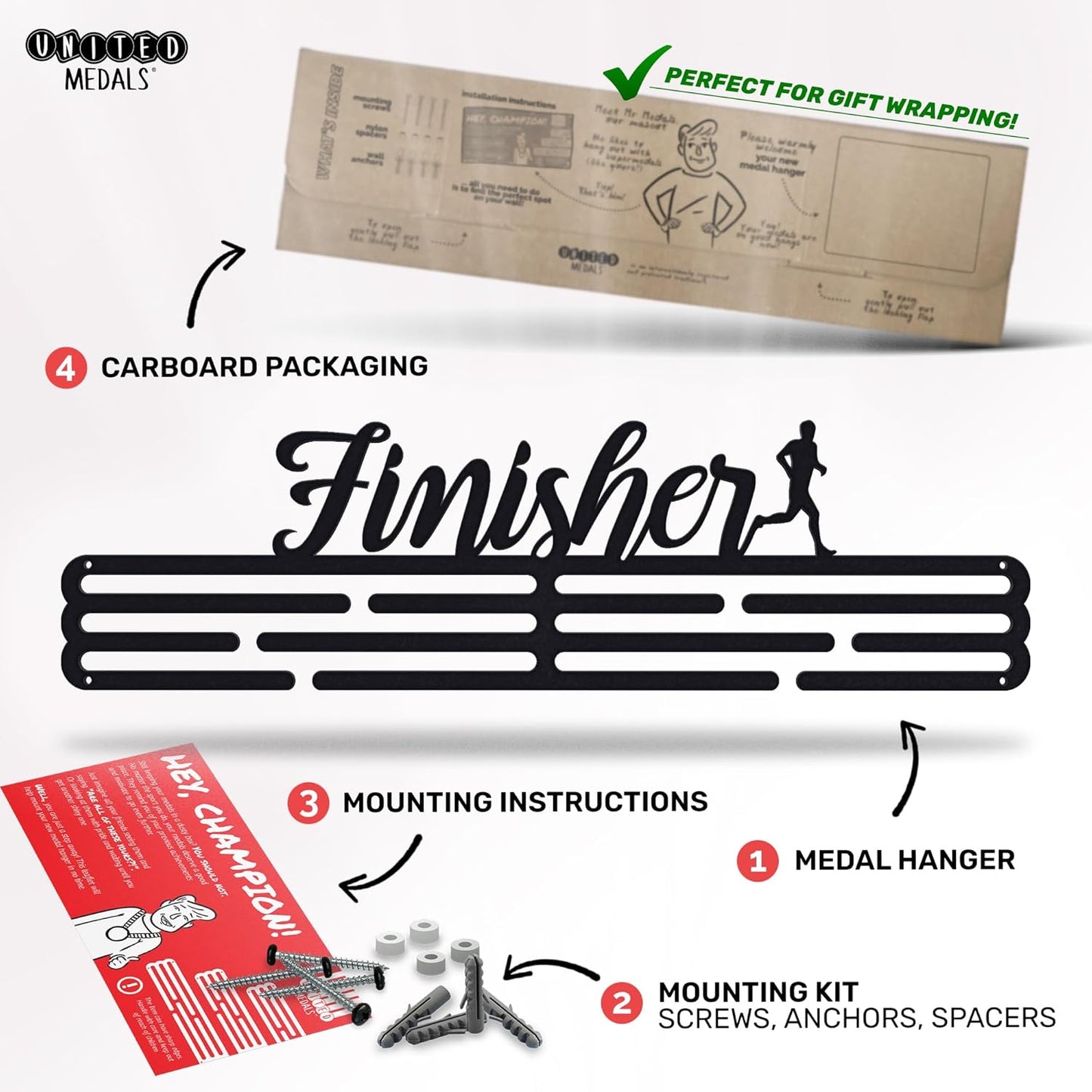 Finisher Medaillenhalter aus Edelstahl, L - Schwarz
