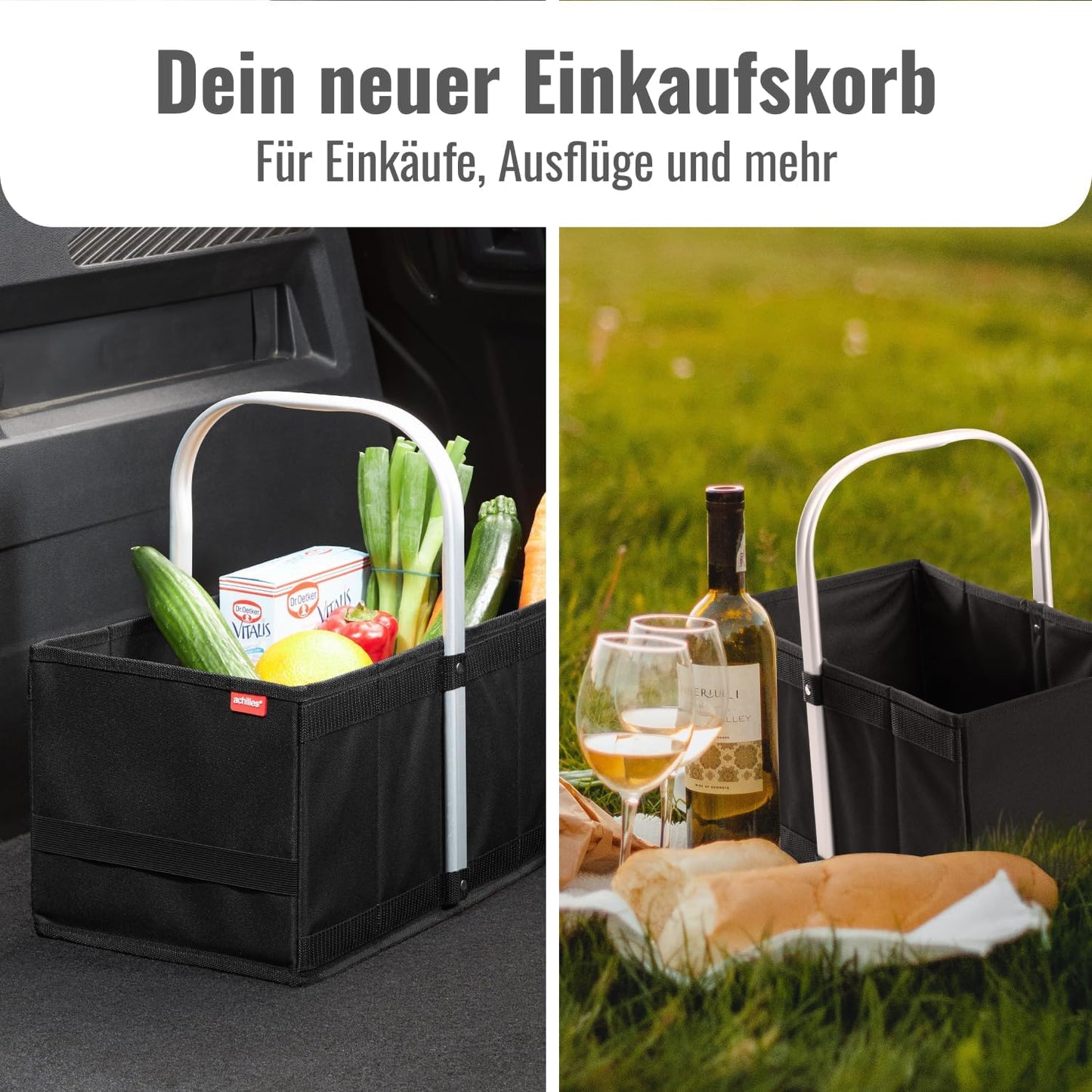 Klappbarer Einkaufskorb-Box mit Alu-Griff, Schwarz