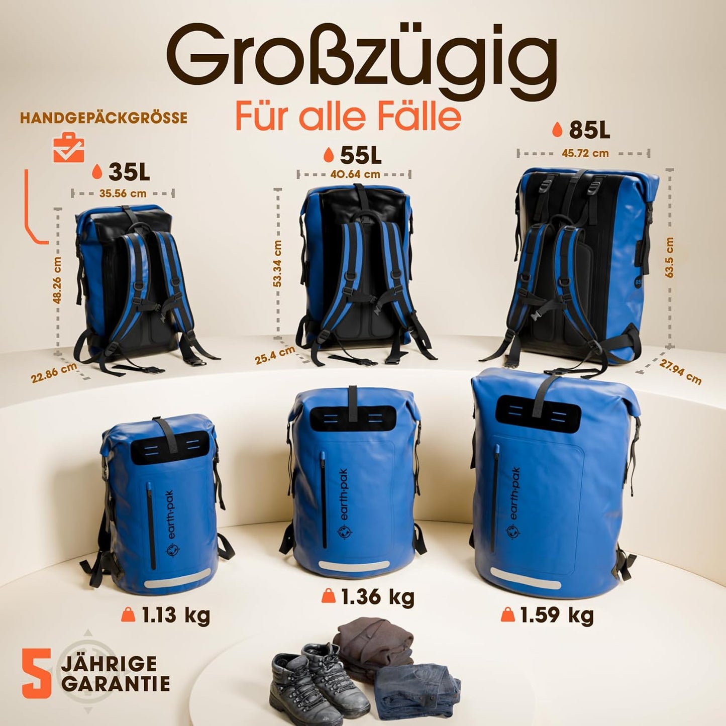 Wasserdichter Rucksack mit Rolltop-Verschluss, 35L Blau
