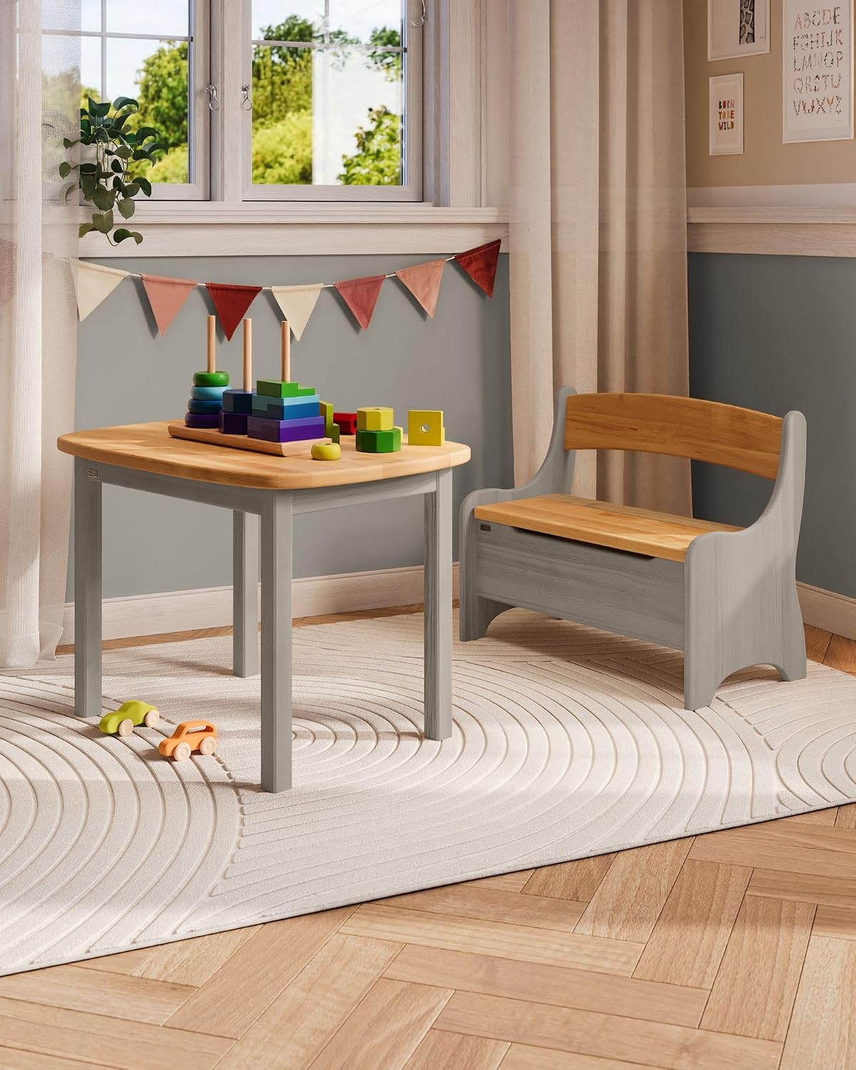 Kindersitzbank Levin mit Geheimfach, Erle Natur, Geölt + Kiefer Elefantengrau, Lasiert