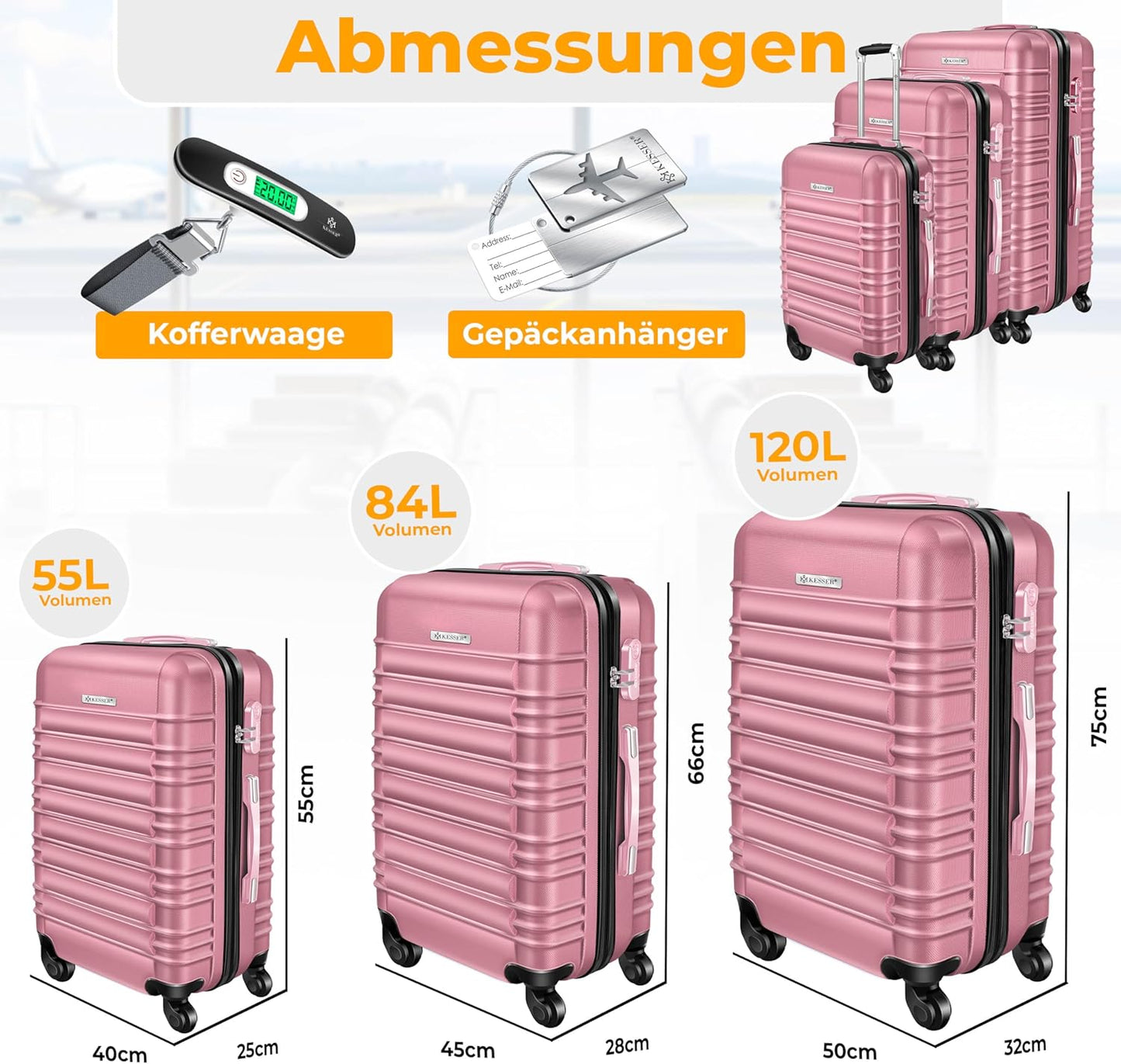 3-teiliges Hartschalenkofferset mit Schloss, Kofferwaage und Anhänger, Rosa