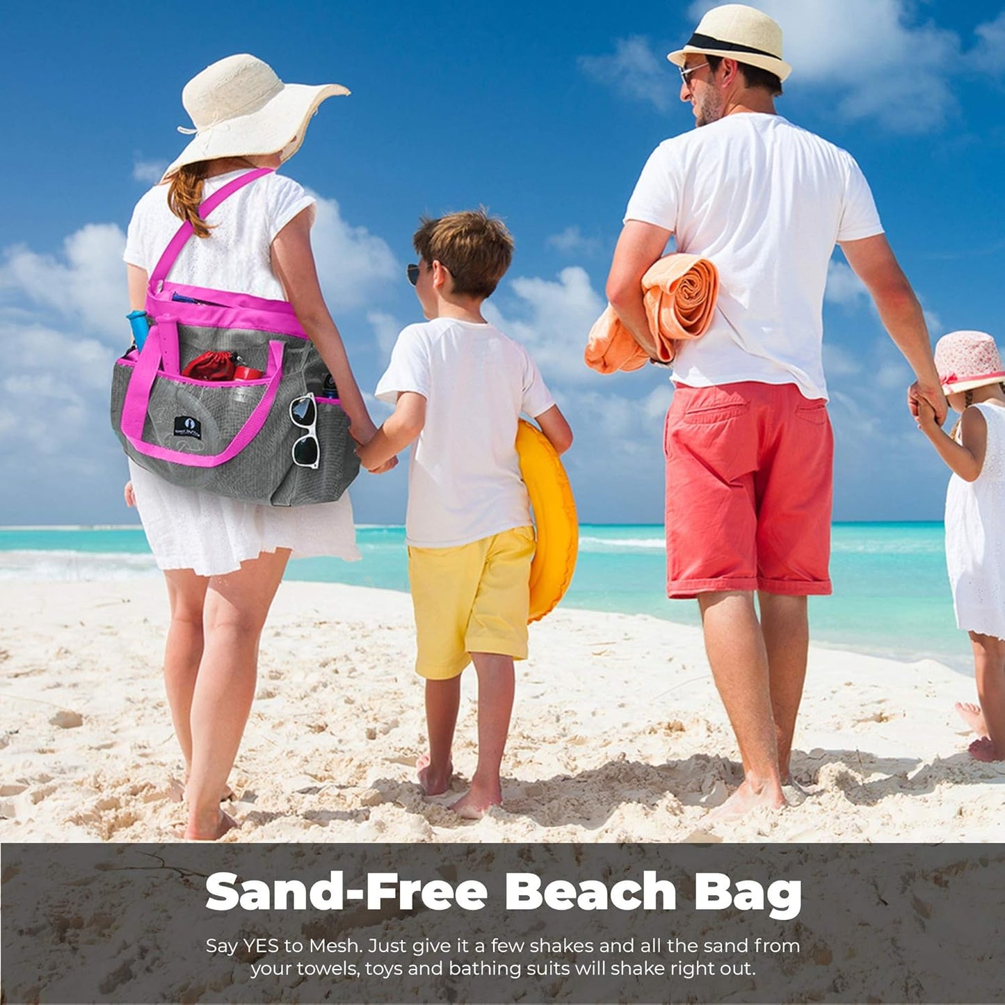 Netz-Strandtasche, Grau/Rosa