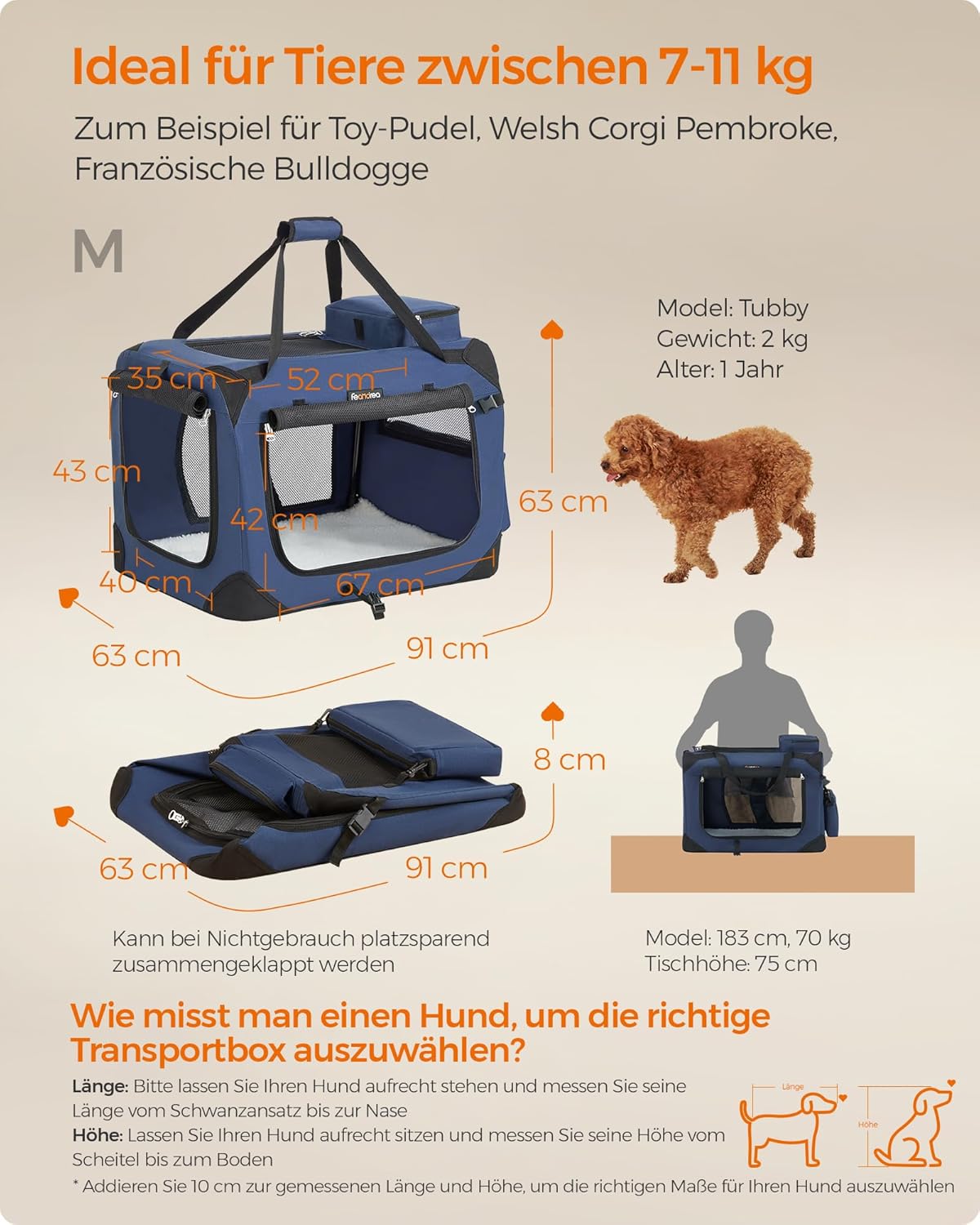 Faltbare Hundetransportbox PDC60Z, L 60 x B 42 x H 42 cm