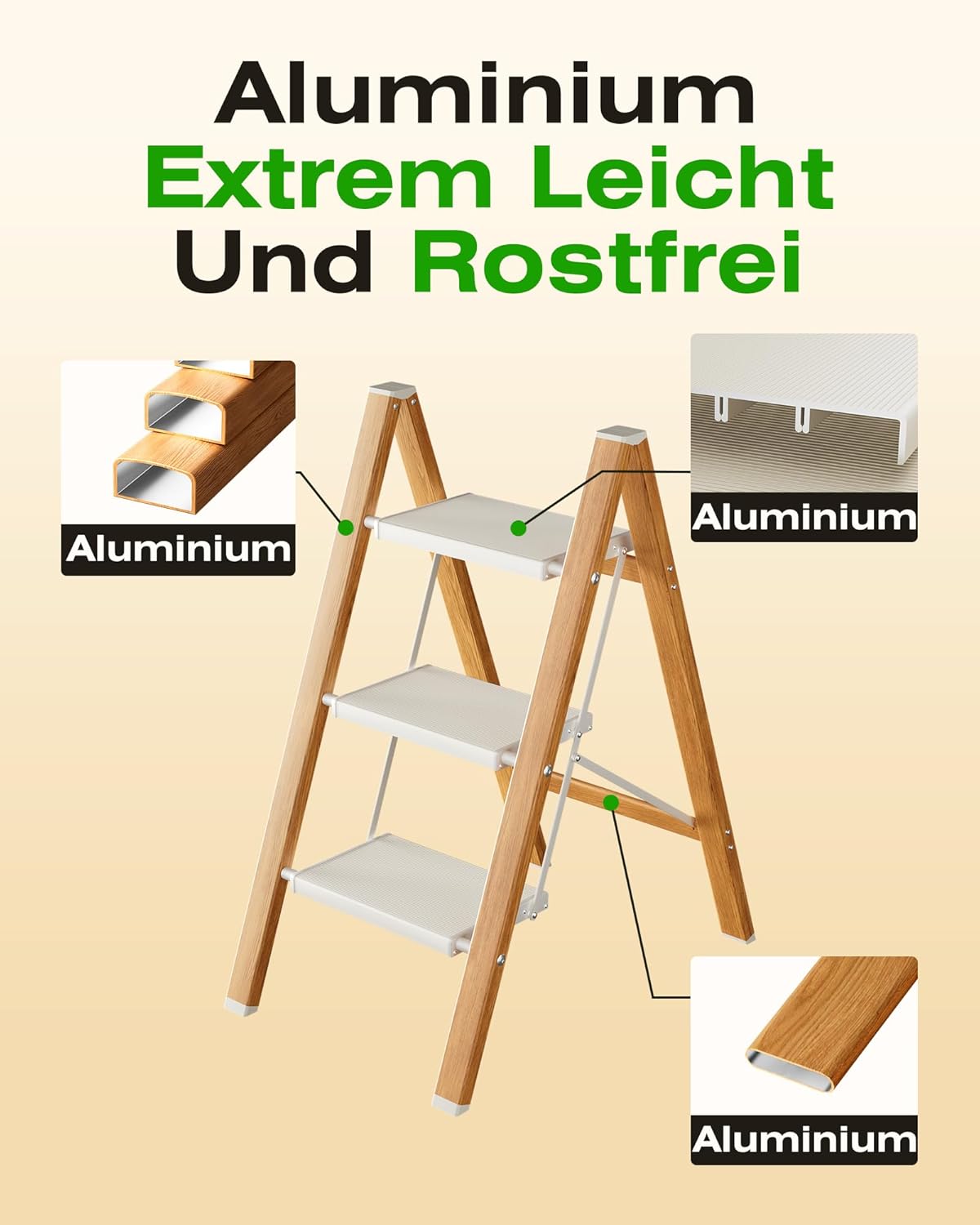 Klappbare Trittleiter 3 Stufen, 150 kg Kapazität, Weiss Holz Optik 3 Stufen