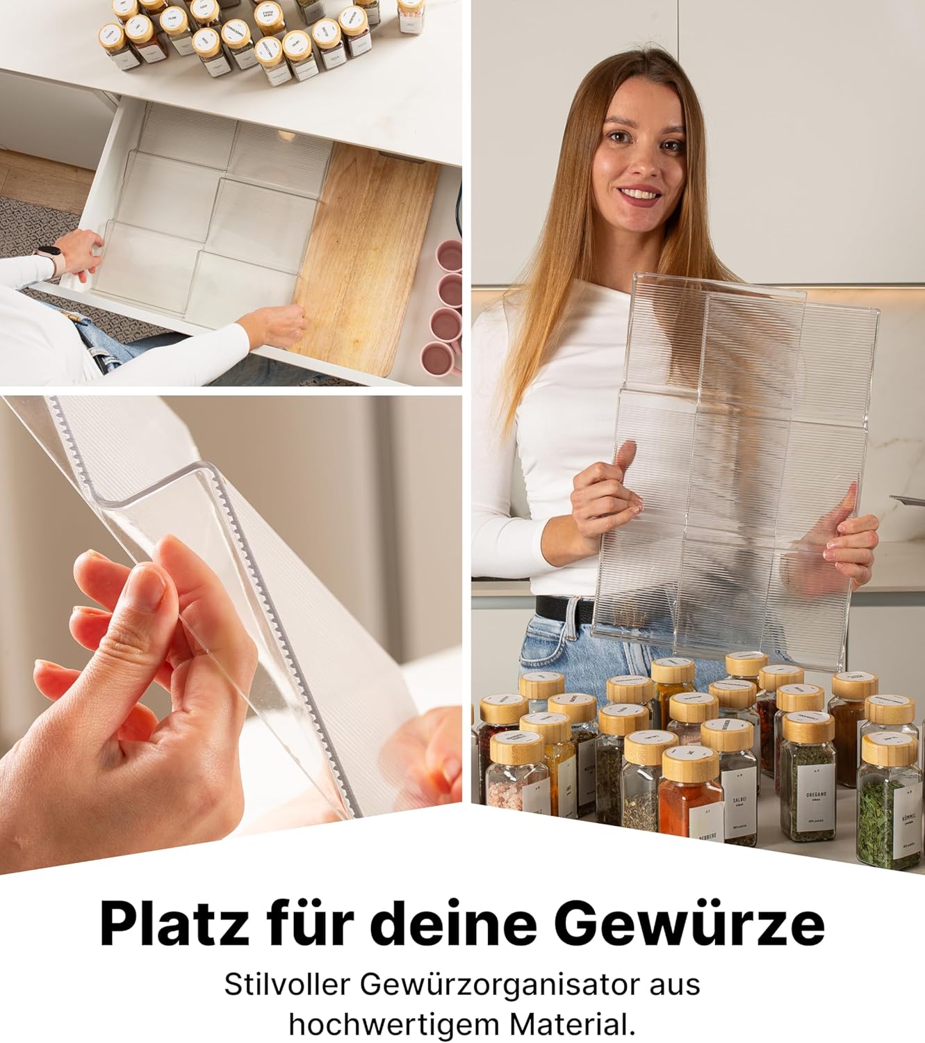 Gewürzgläser-Set mit Schubladeneinsatz, 24 Stk, ausziehbar, Transparent, Deckel Bambus