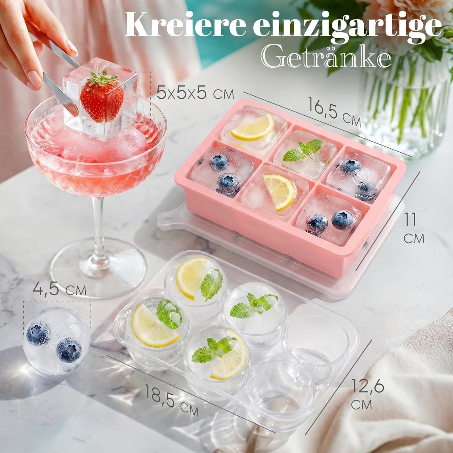 Eiswürfel- & Eiskugelform-Set, Rosa 02x Kugel+Würfel
