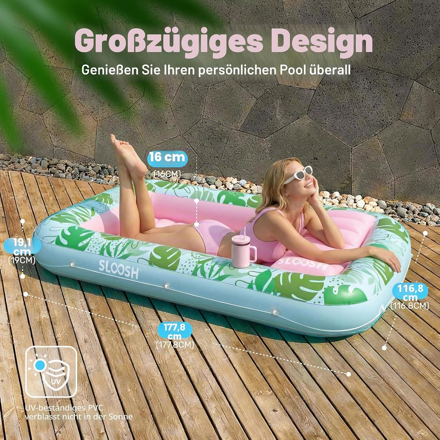 Aufblasbarer 4-in-1 Sonnenliegepool mit Kissen und Getränkehalter, Cyan-rosa L