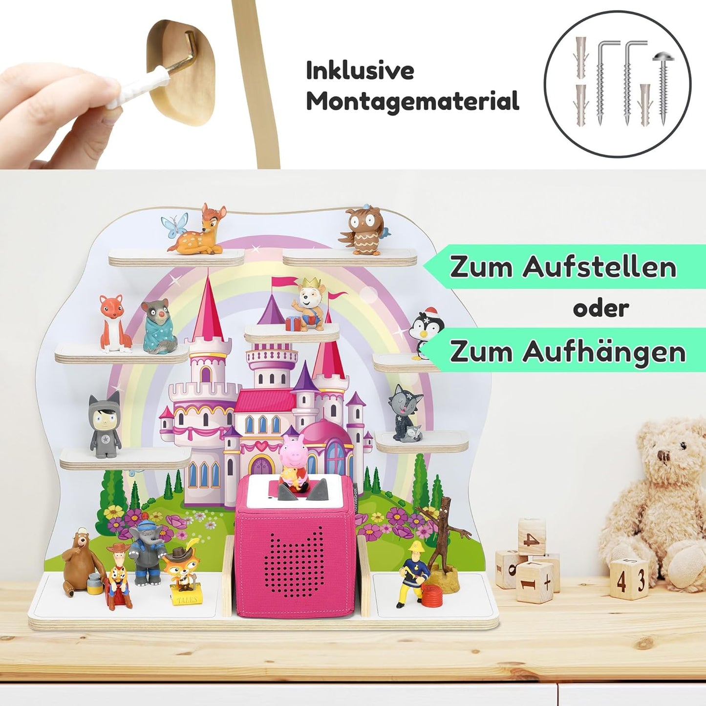 Holzregal für Musikbox und 50 Tonies, Groß Märchenschloss