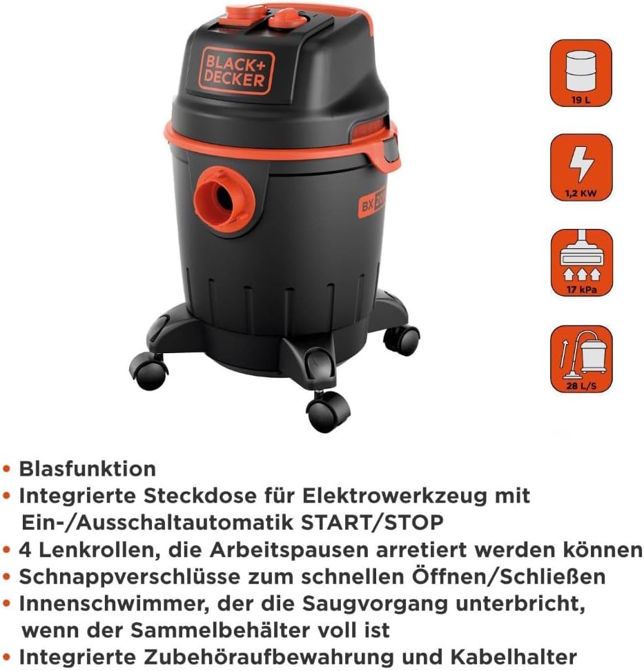 Nass-Trockensauger mit Werkzeugsteckdose BXVC20PTE, Kuststoff, 20 l - Steckdose für Elektrowerkzeug