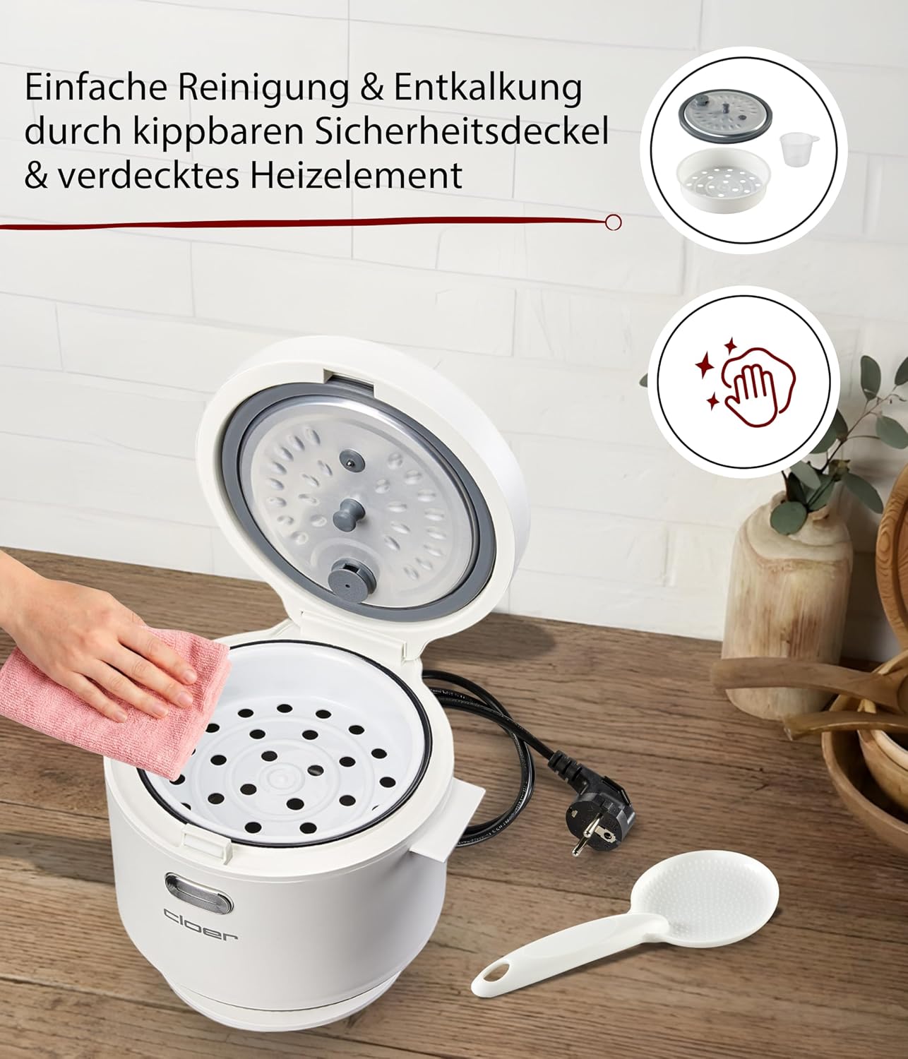 Reiskocher mit Dampfaufsatz und Warmhaltefunktion, Weiss