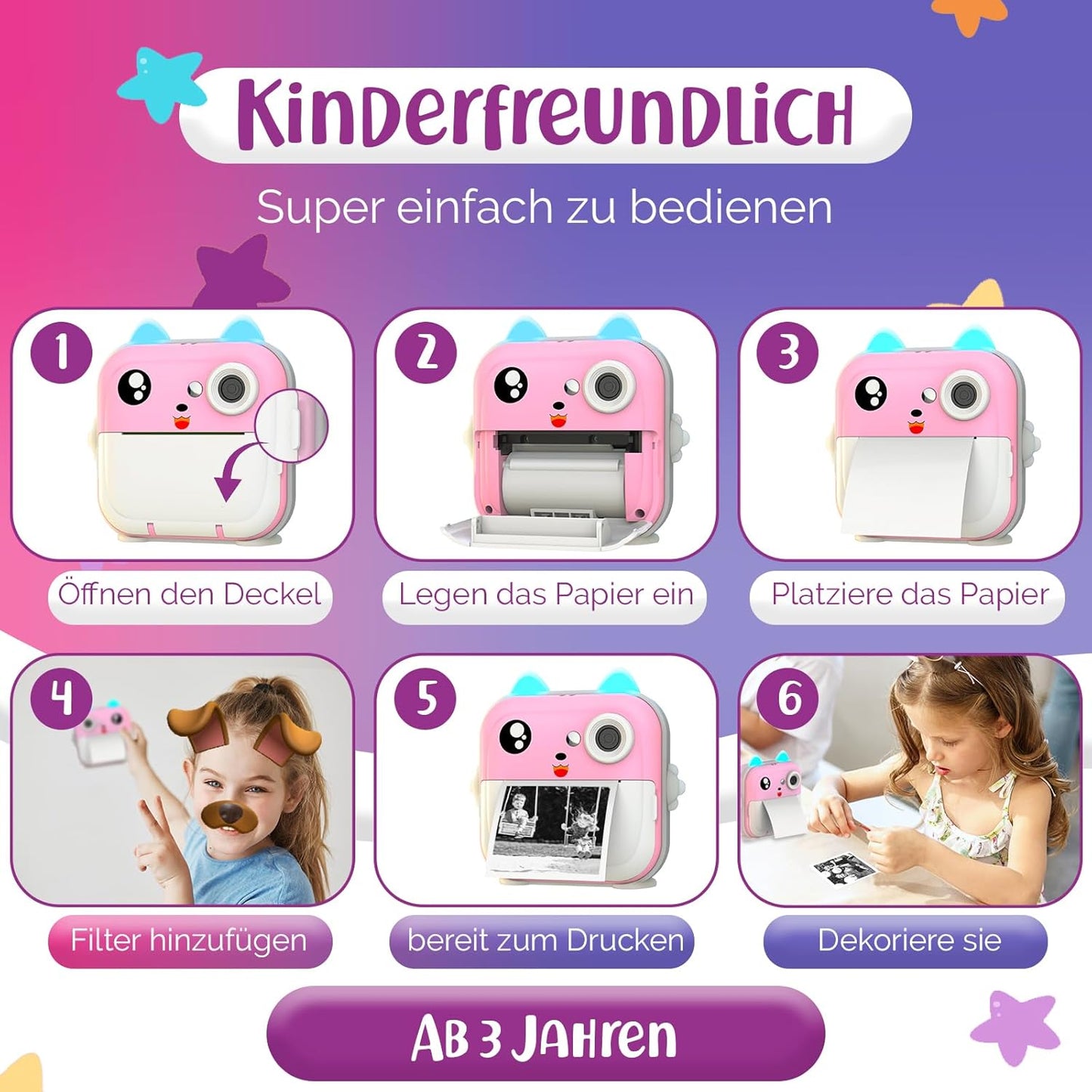 Sofortbildkamera für Kinder, Rosa