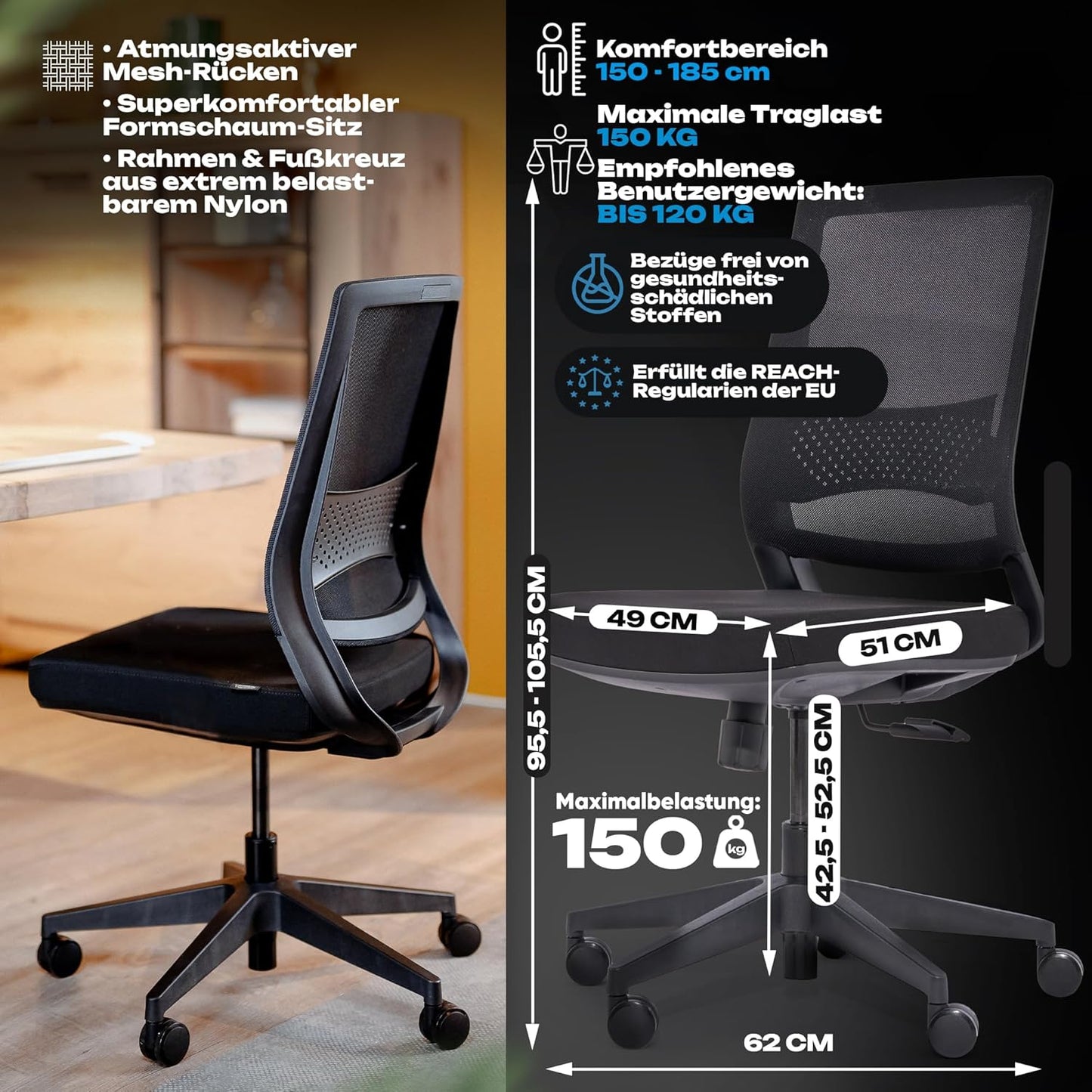Ergonomischer Bürostuhl mit Lendenwirbelstütze, M2 Essential (Schwarz)