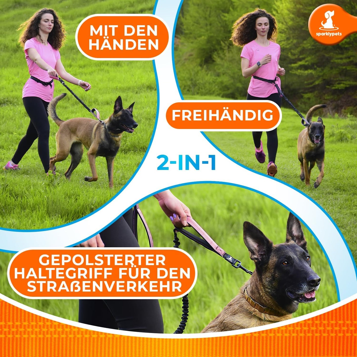 2 in 1 Joggingleine für Hunde mit Doppelgriff, Stossdämpfer und Bauchgurt, Rosa Für ein Hund