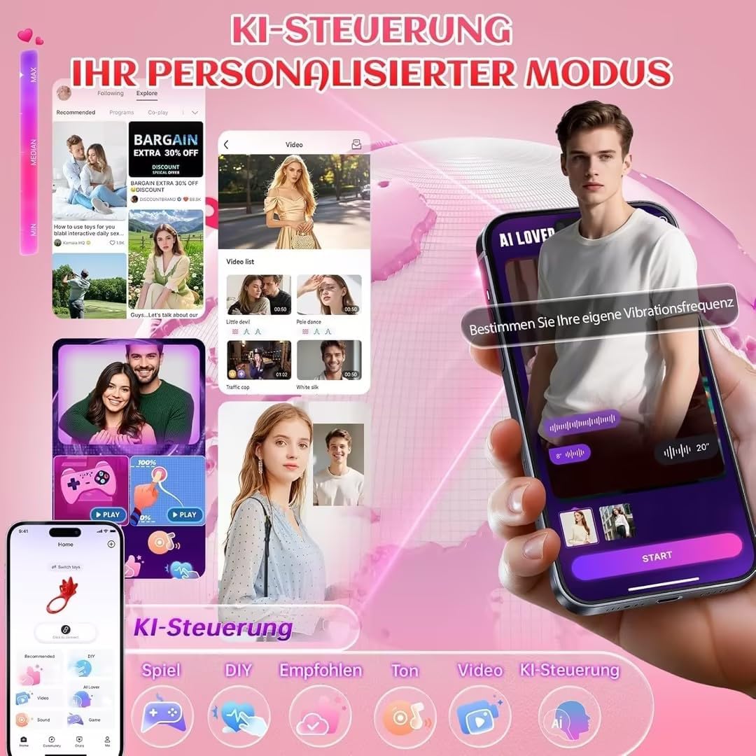 Vibrator mit Penisring und Erotikspiele-App, Burgunderrot, Extragrösse 2