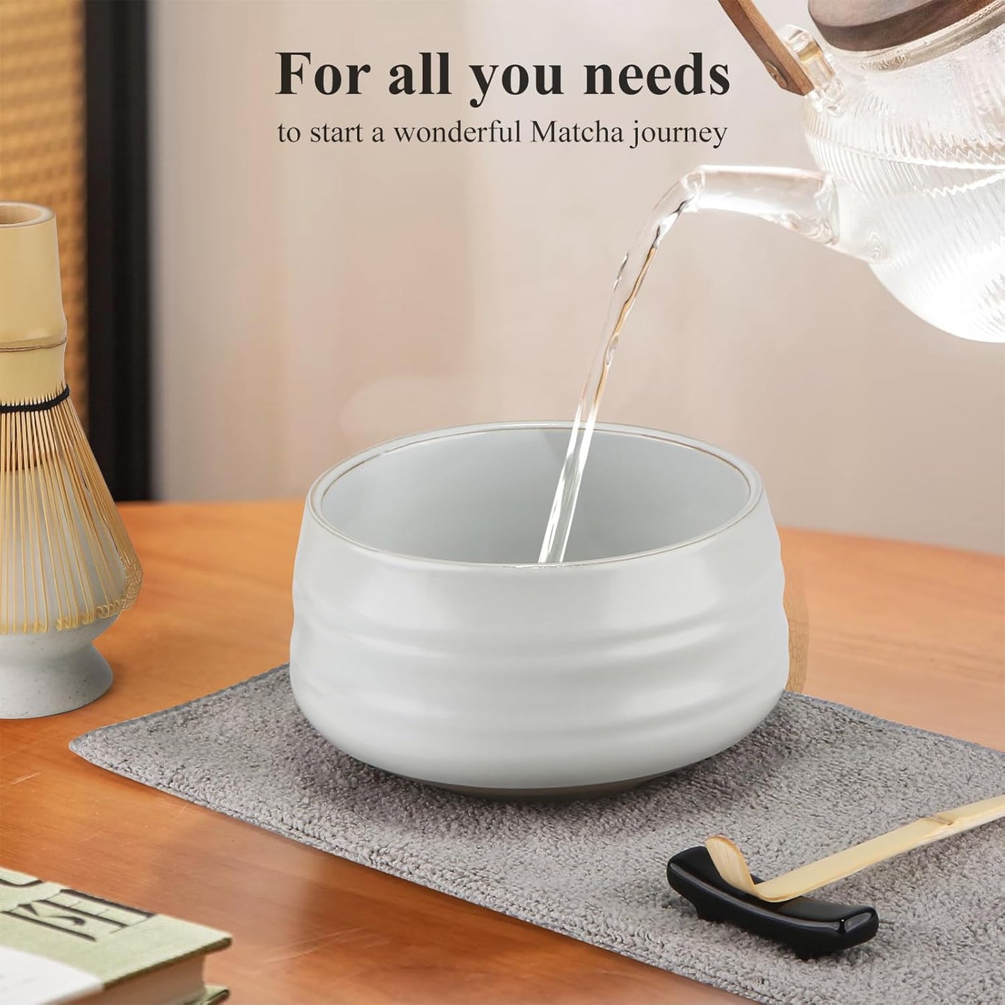 Matcha-Set (7-teilig) mit Bambusbesen und Schale, Mondlicht Weiß