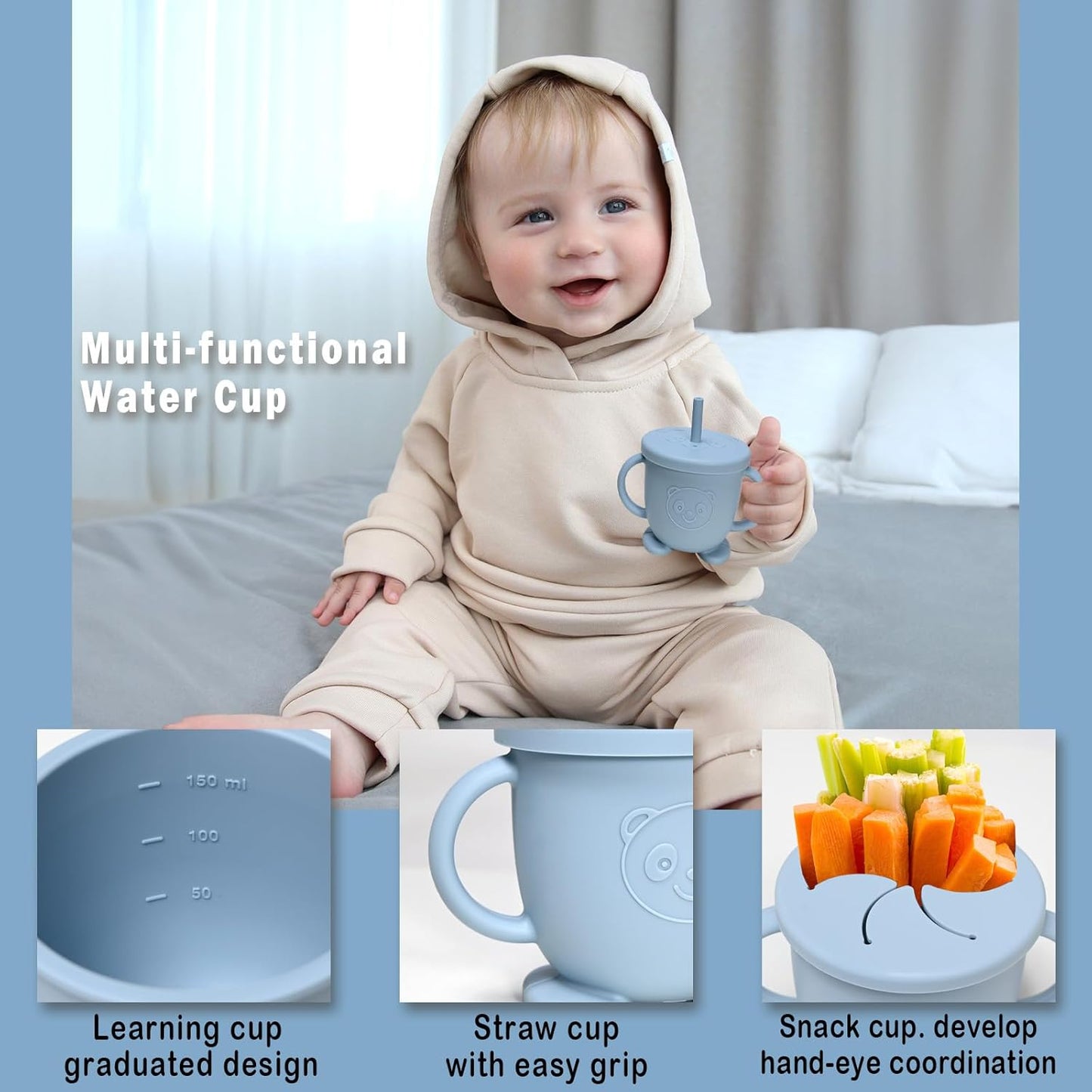 Silikon Baby Geschirrset mit Saugnapf (10-teilig), Blau