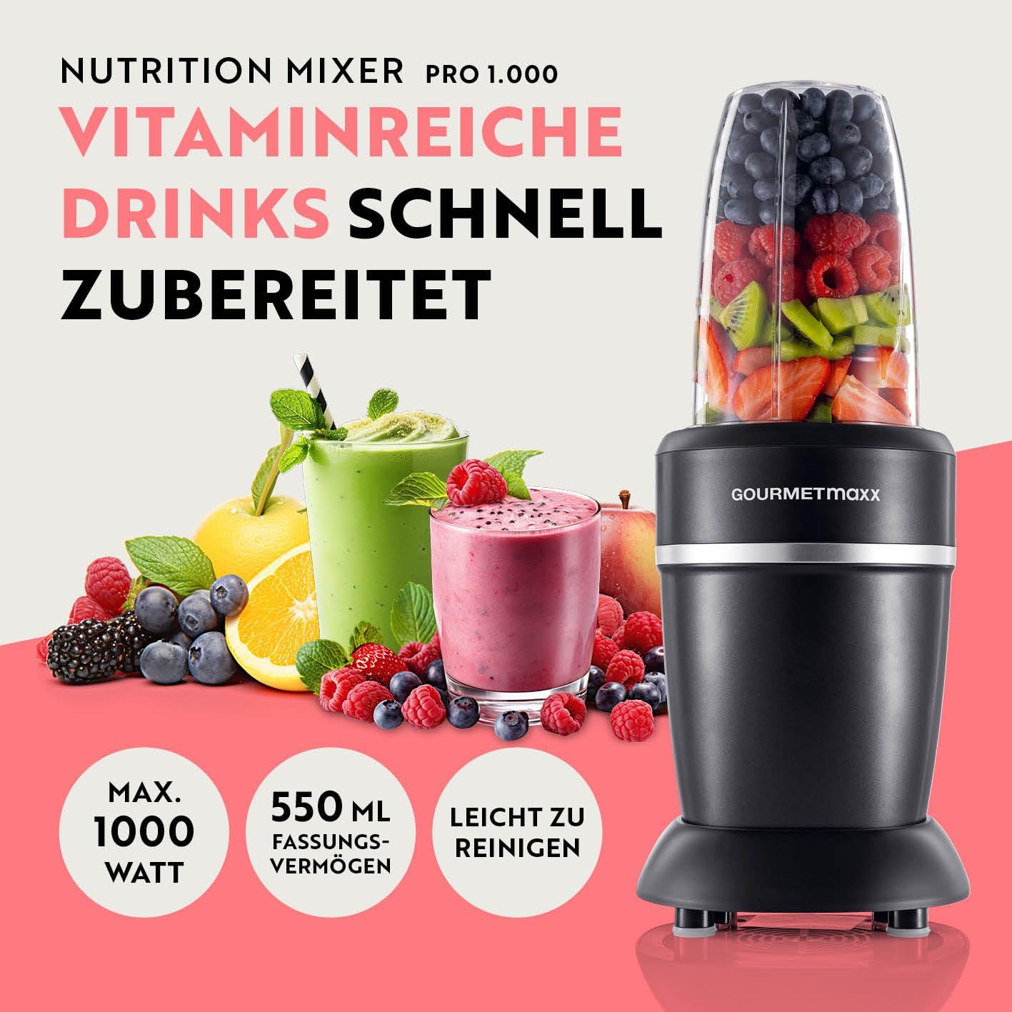 Mixer & Smoothie Maker Set, Schwarz-edelstahl | Nutrition Mixer Power + Pro | 1000w | M-set
