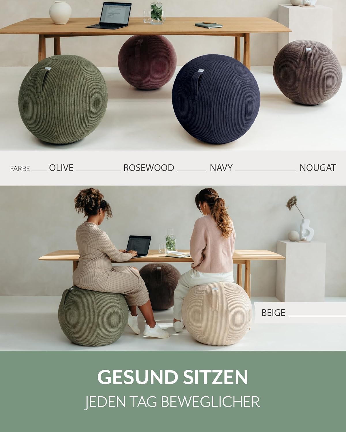 Ergonomischer Sitzball mit Tragegriff, 65 cm, Olive 60 - 65cm