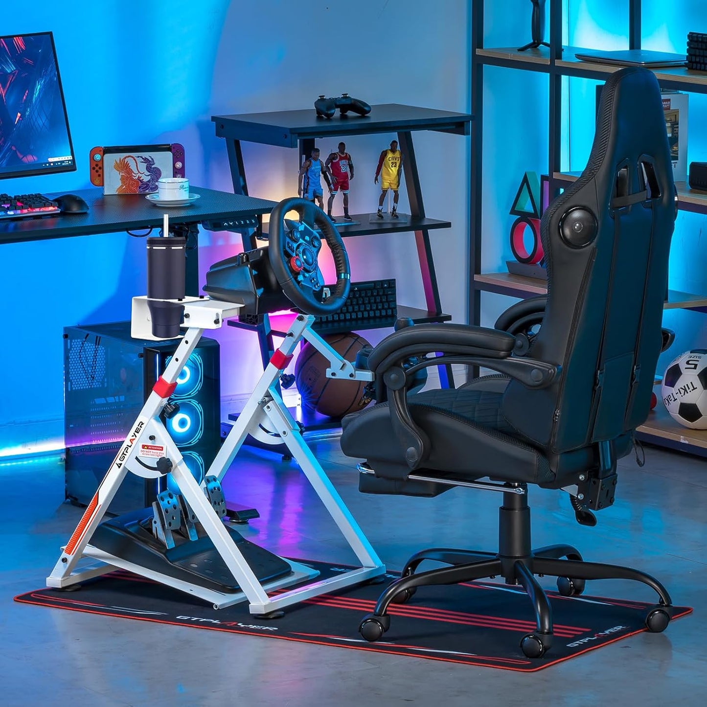 Lenkradständer mit Schalthebelhalterung für Gaming, Weiss