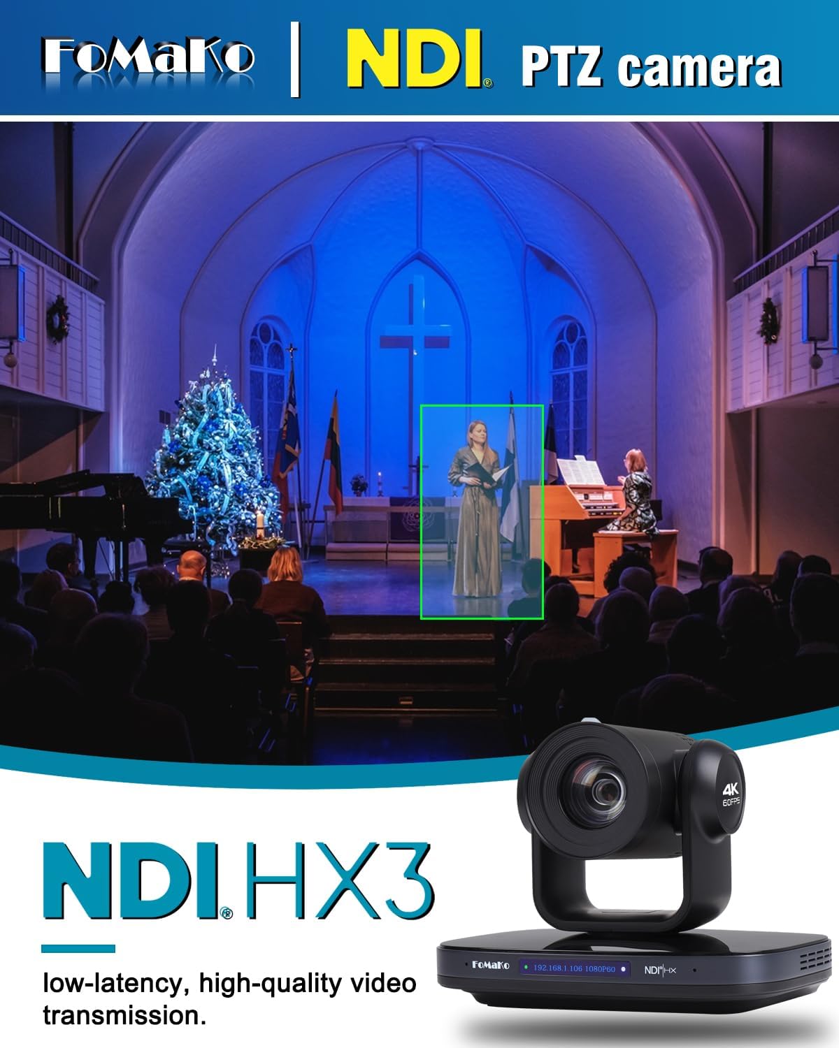 4K PTZ Kamera mit KI-Auto-Tracking & 20x Zoom, 4K 60FPS NDI PTZ Kamera
