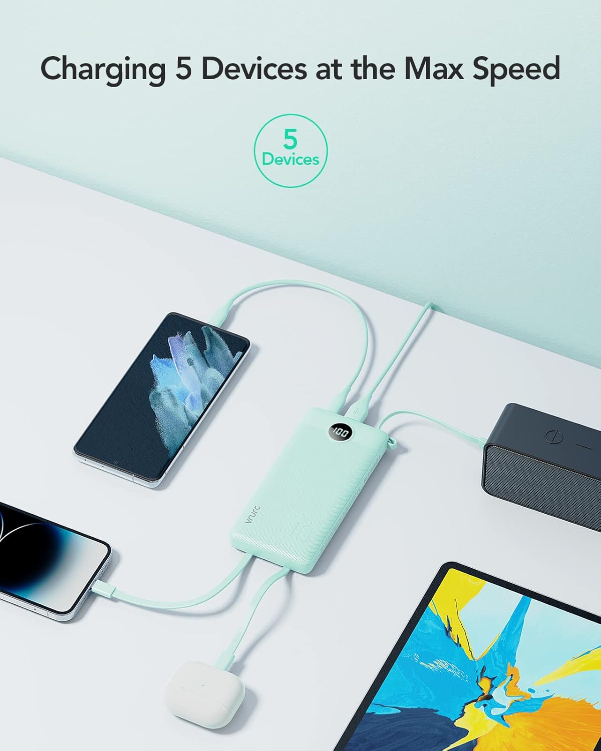 T1116 Powerbank mit 3 integrierten Kabeln, Grün