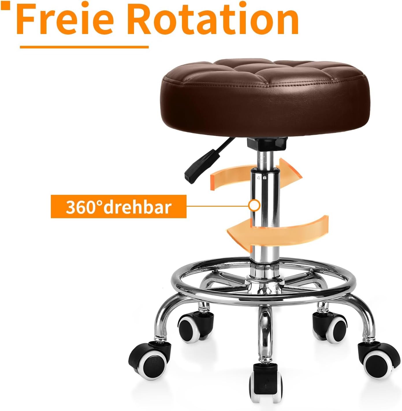 Höhenverstellbarer Rollhocker mit Rollen und Fussstütze, Braun1
