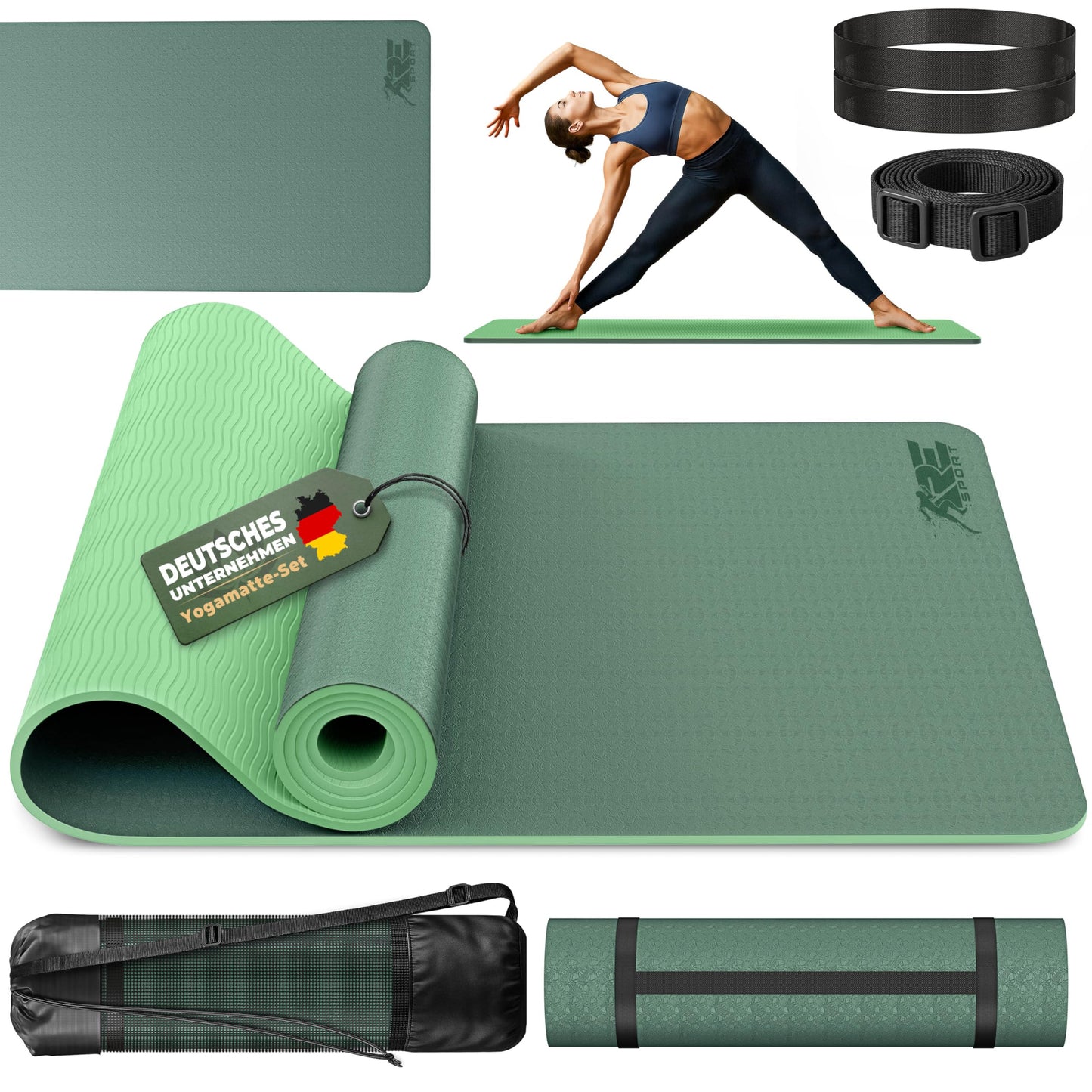 Yogamatte Phthalatfrei rutschfest 183x61x0,6 cm, Dunkelgrün / Limette