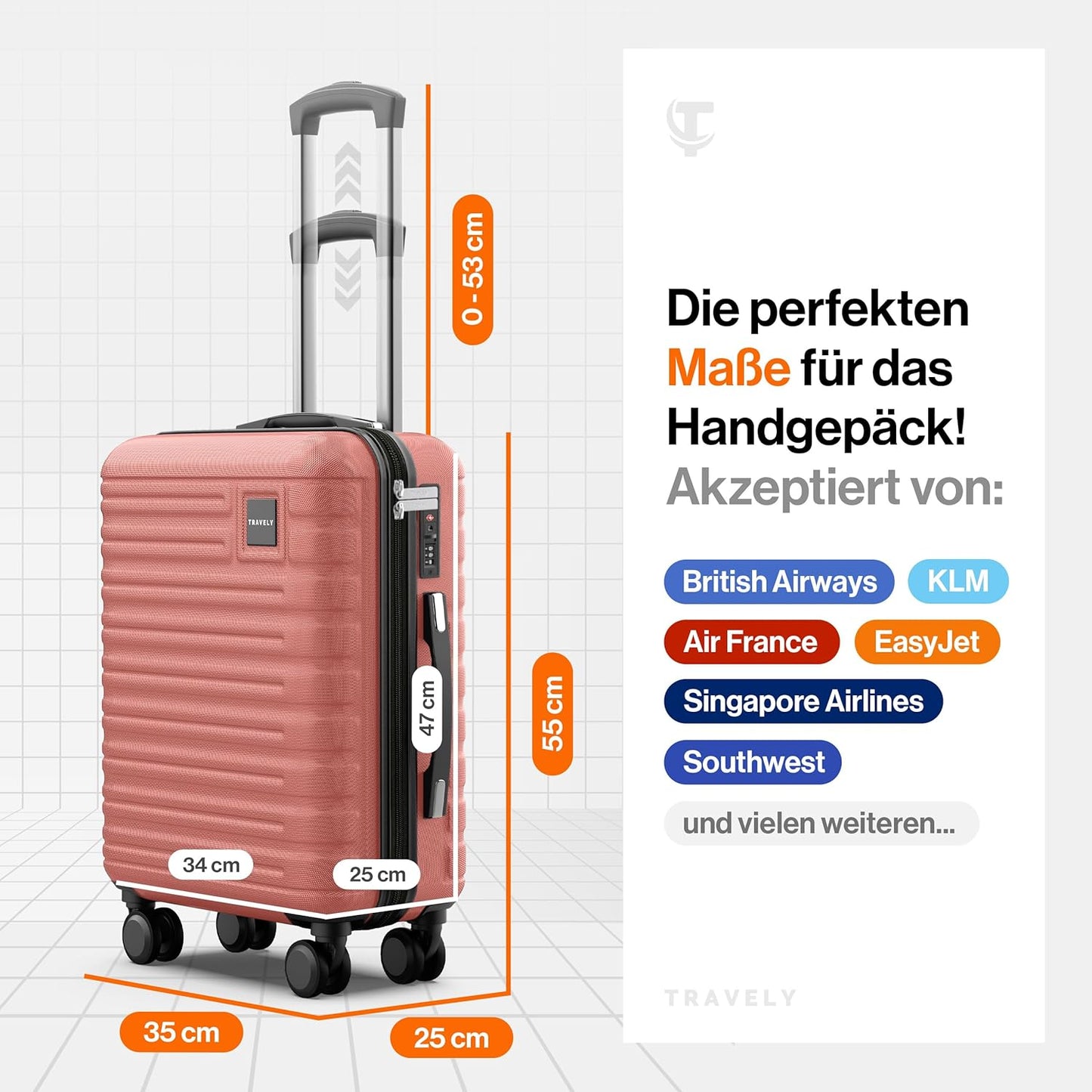 Premium Handgepäck Koffer (36L, 55x35x25cm) mit TSA Schloss, Roségold M 55x35x25cm