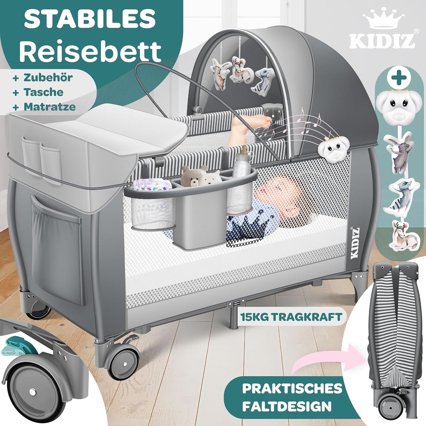 Reise-Kinderbett klappbar mit Matratze & Zubehör, Grau