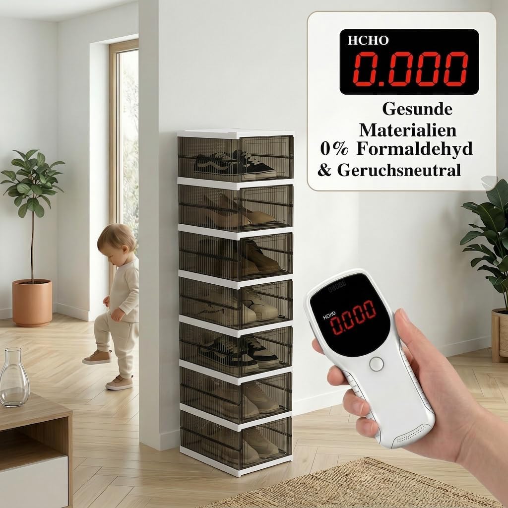 Schuhboxen Stapelbar, Transparent, Faltbar (18 Stück), Schwarz 18 Ebenen
