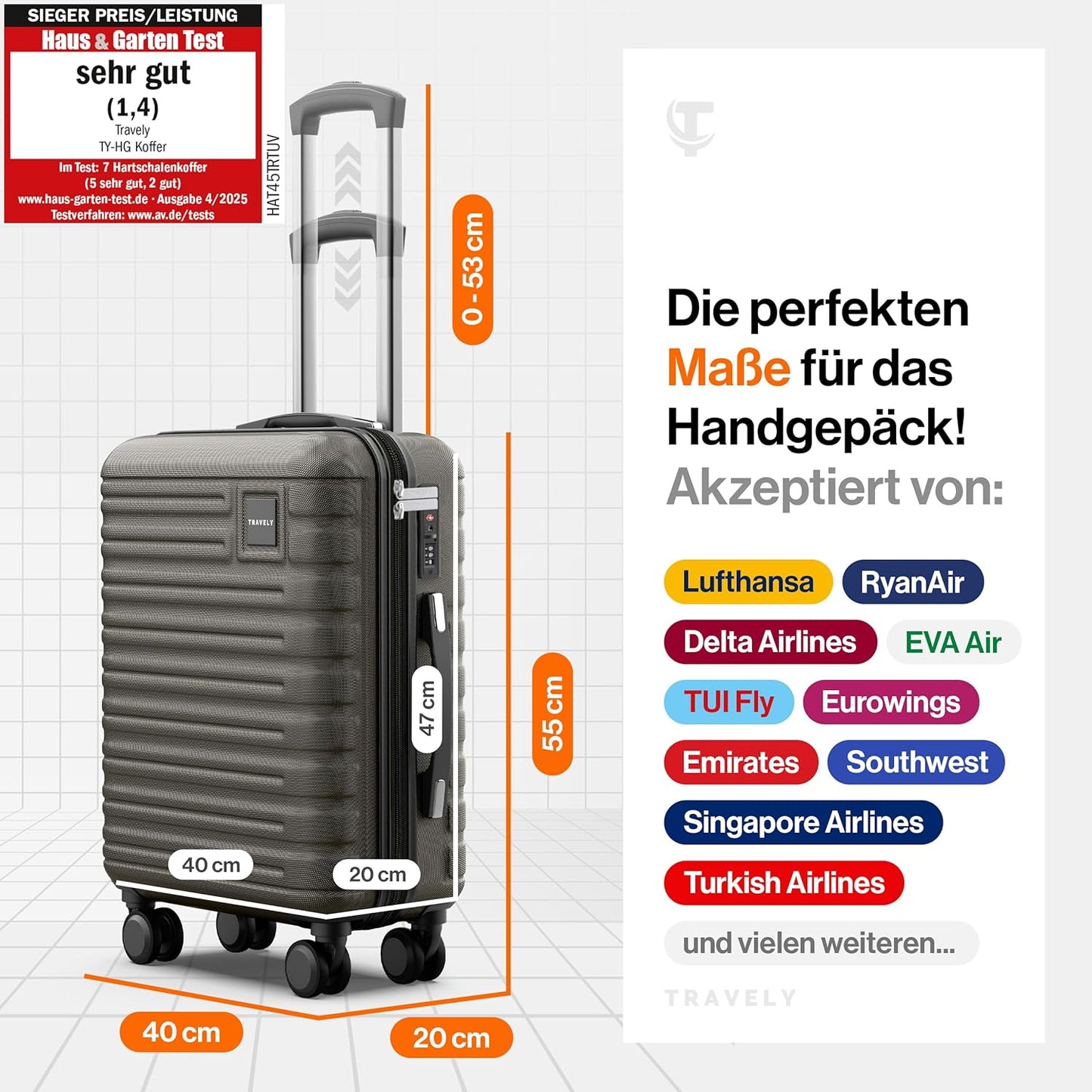 Premium Handgepäck Koffer 55x40x20cm mit TSA Schloss, Mondsteingrau M 55x40x20cm