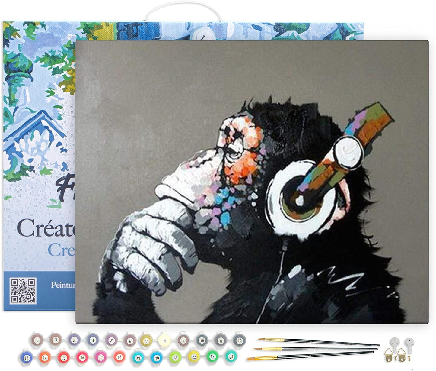 Malen nach Zahlen Affe mit Kopfhörer, Affe mit Kopfhörer 40x50cm Mit Rahmen (bereits gespannt)