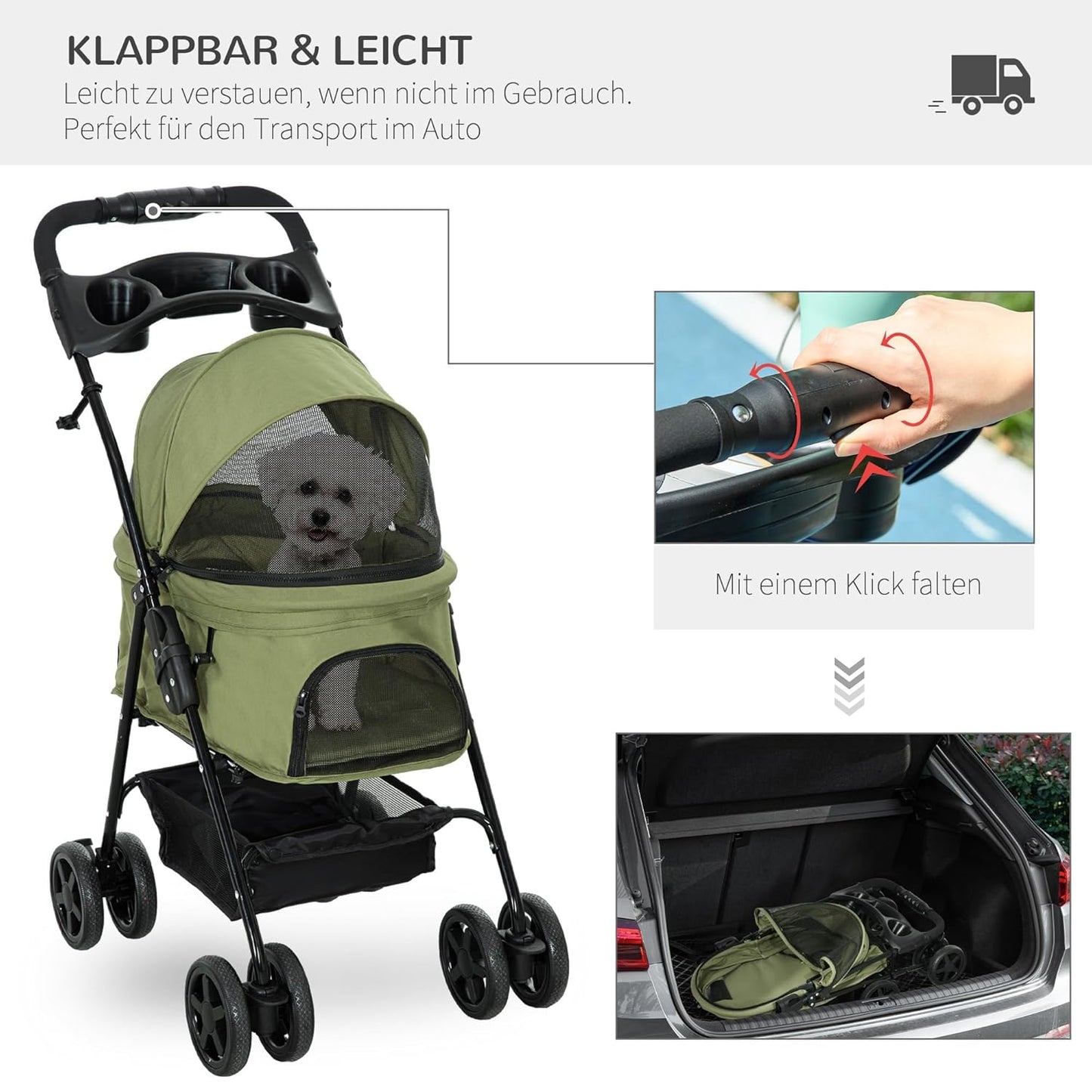 Hundebuggy mit Klappfunktion für kleine Haustiere, Dunkelgrün