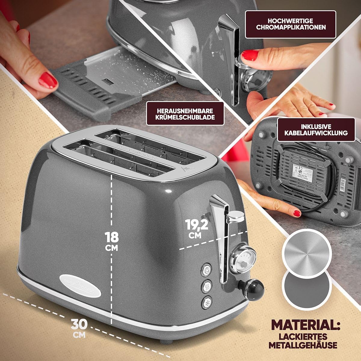 2-Scheiben-Toaster im Vintage-Look mit Brötchenaufsatz