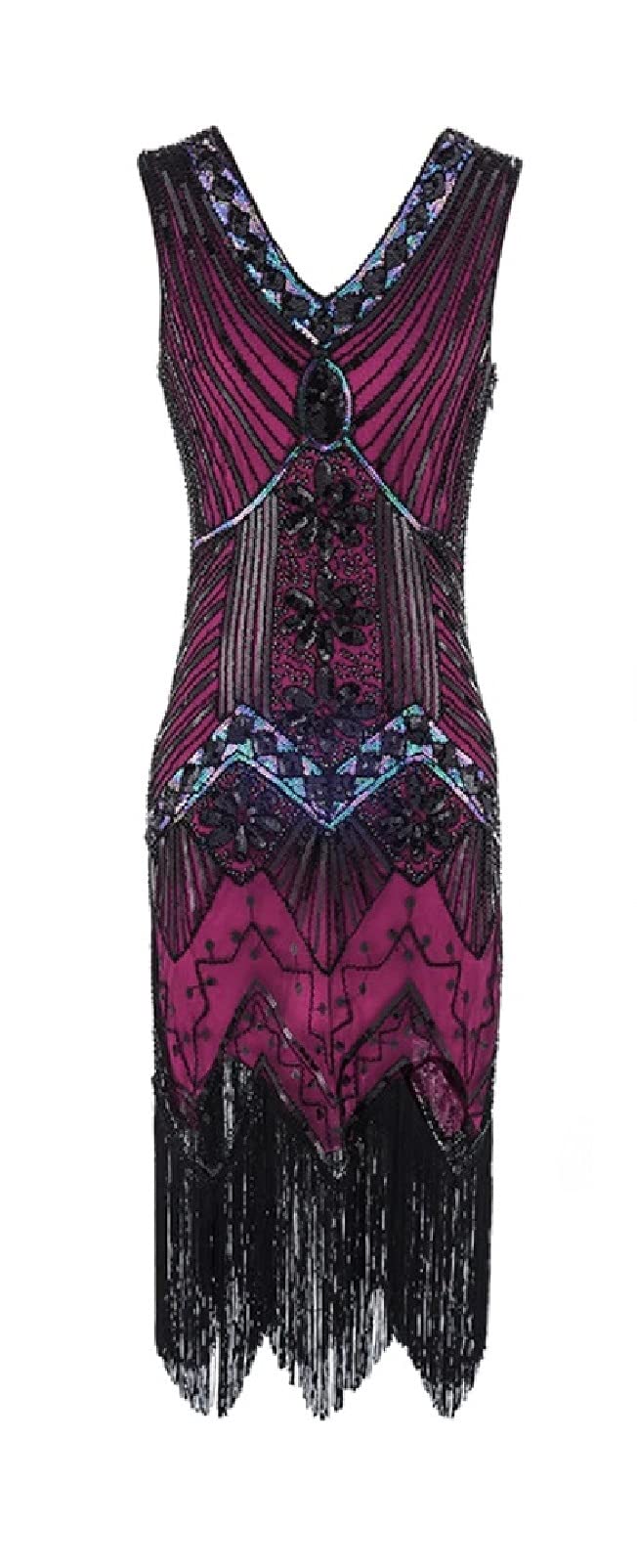Charleston Flapper Kostüm-Kleid mit Fransen, XL Pink/Schwarz/Multicolor
