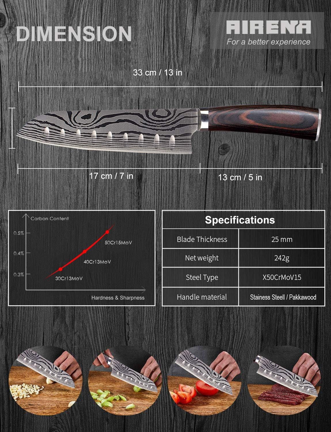 Santokumesser AU D2, 7" D2 Santoku Messer