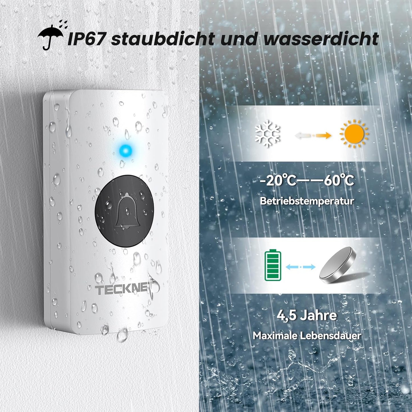 Funkklingel-Set mit 2 Empfängern, 5 Lautstärkestufen & 60 Melodien, 2 Empfänger & 1 Sender Weiss