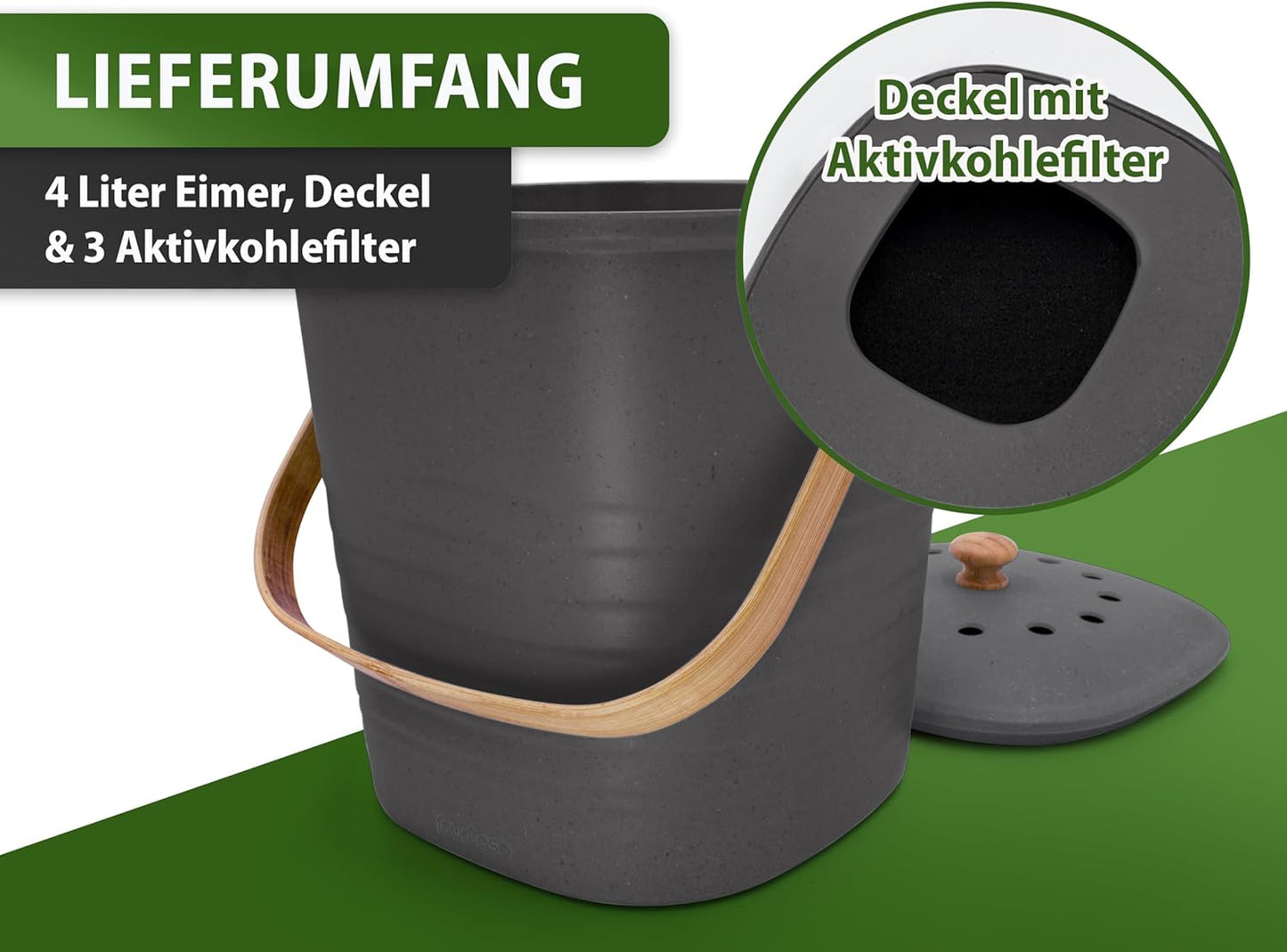Biomülleimer mit Aktivkohlefilter, 4L Anthrazit