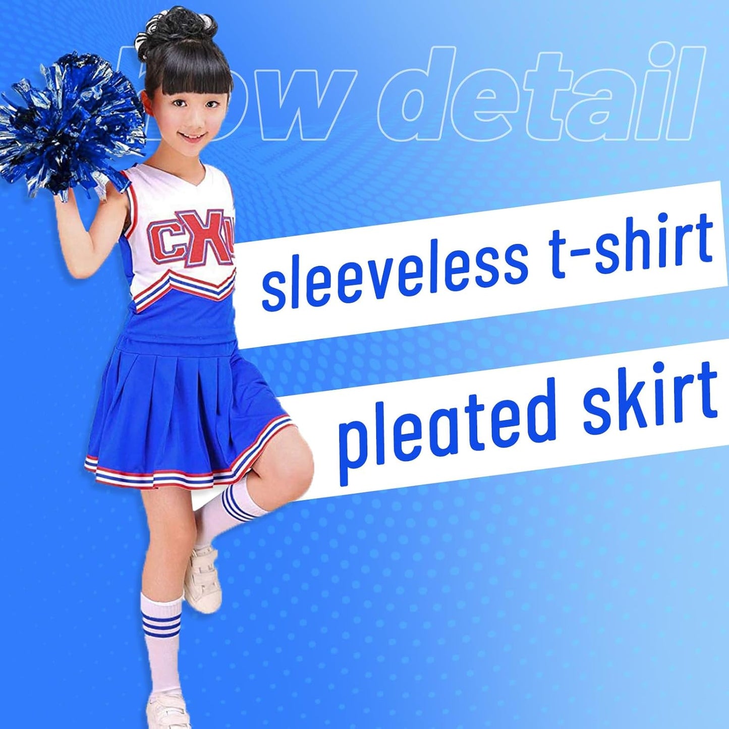 Cheerleader Kostüm mit Pom Poms und Socken, Blau 6-7 Jahre