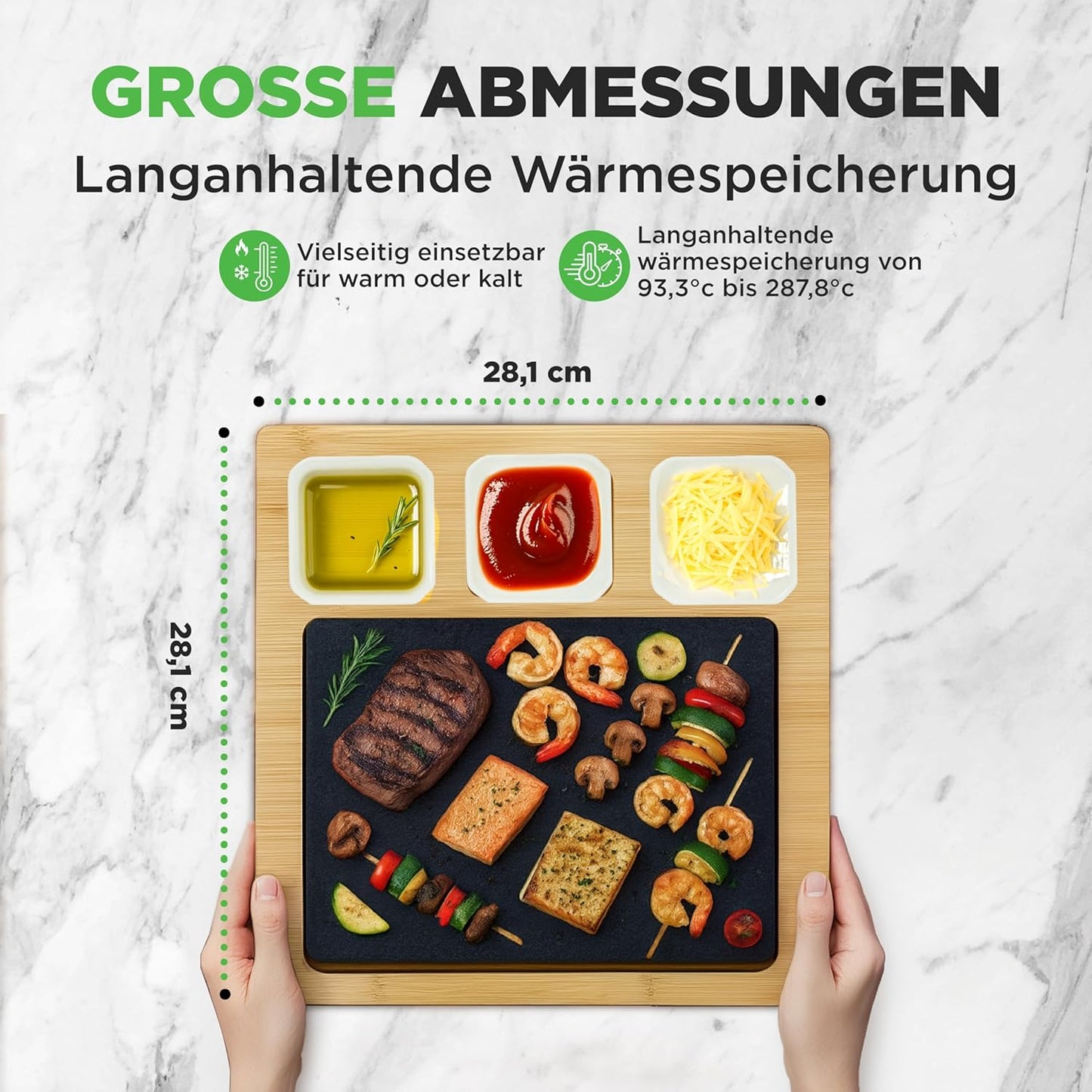 Heisser Stein Tischgrill-Set mit Bambus & Keramik, Quadrat