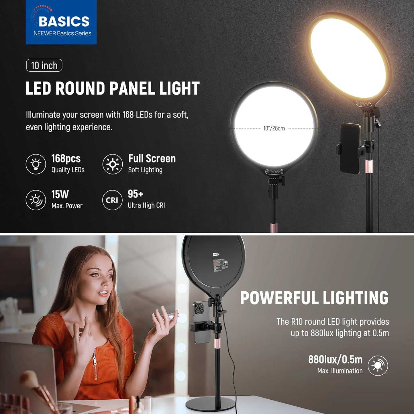 LED Ringlicht R10 mit Ständer und Handyhalter, Schwarz 10,5"