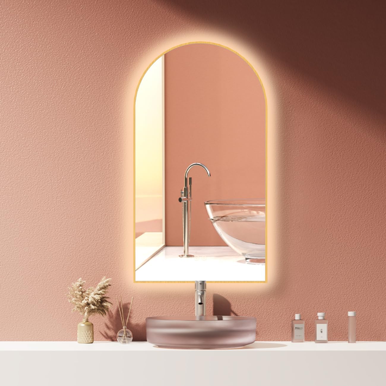 LED Badspiegel mit Antibeschlag und Touch-Schalter, Gold-arch Antibeschlag|50L x 90B cm