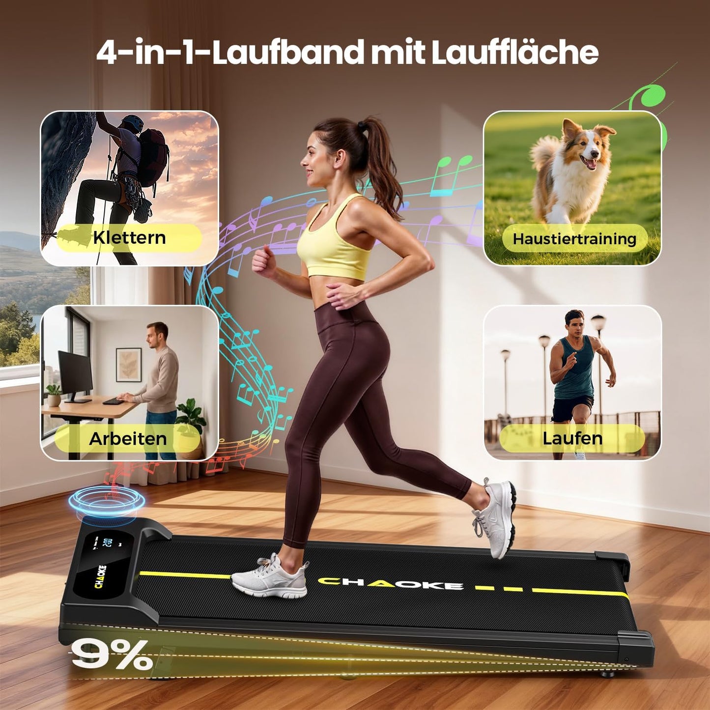 Walking Pad mit Steigung und App-Steuerung, Schwarz Gelb