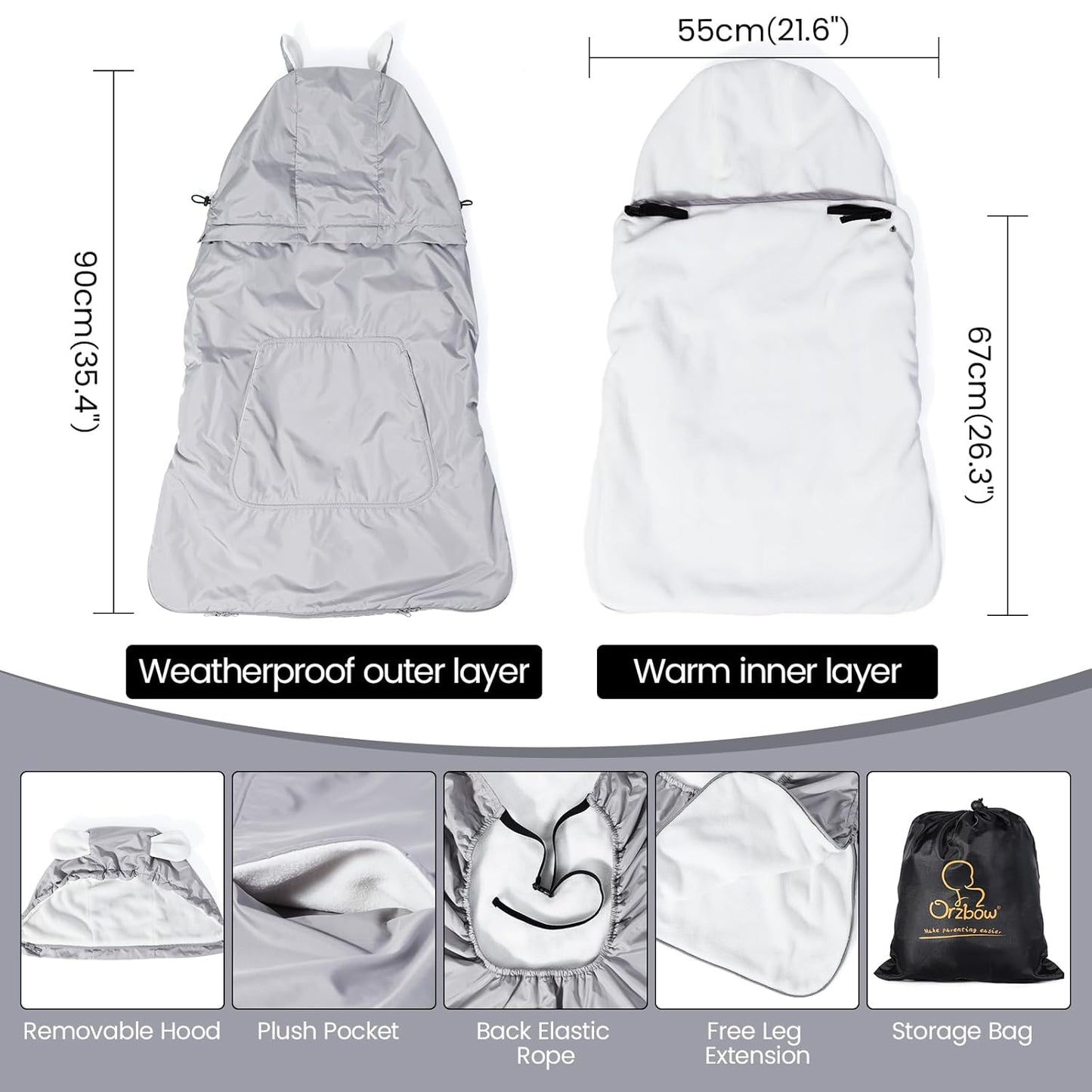 Universal Winter-Tragecover mit Regenschutz, Hellgrauer Bär Fleece-Futter