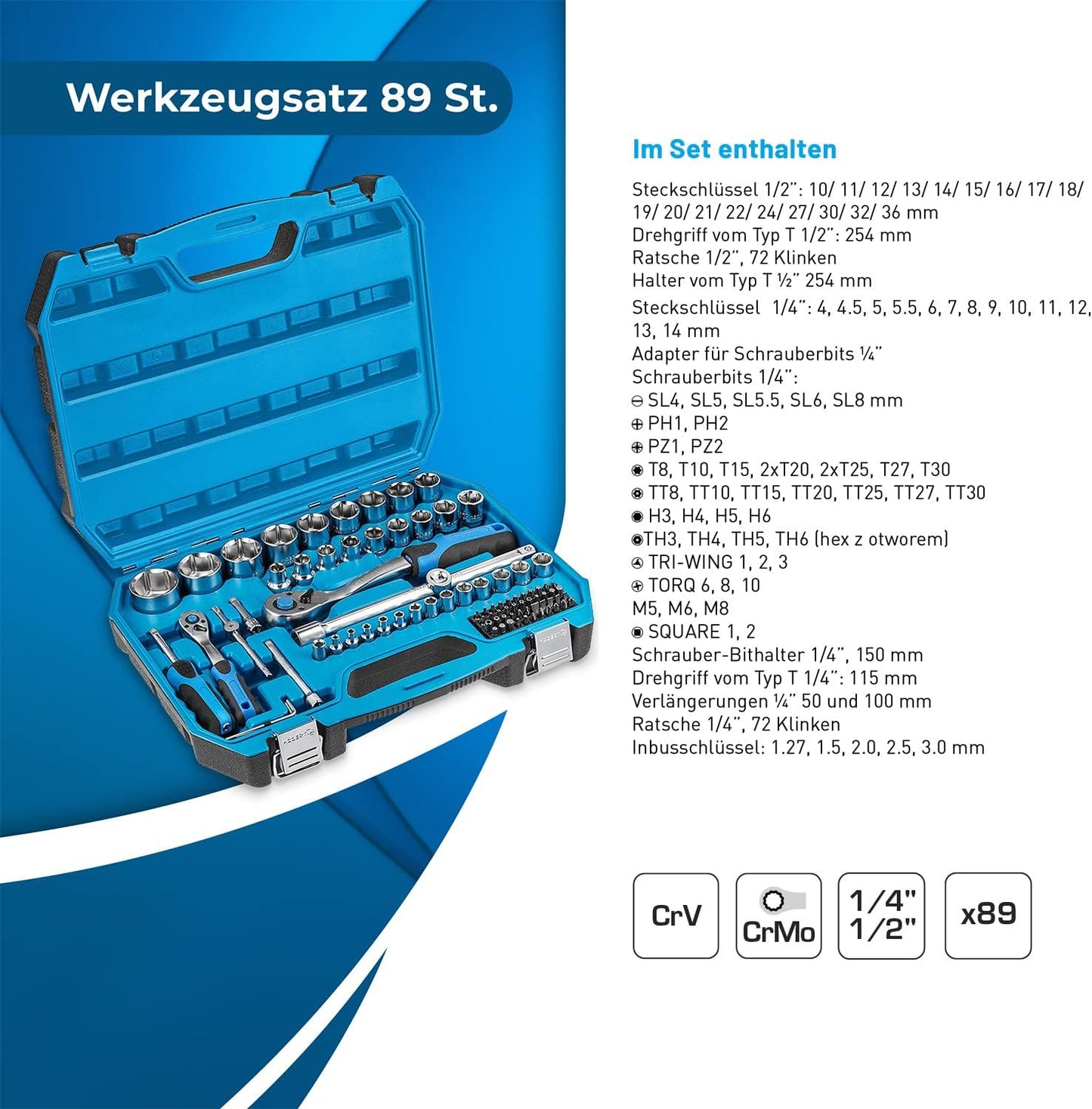 Werkzeugset mit Steckschlüsseln & Bits (89-teilig), 89-tlg Schwarz/Blau
