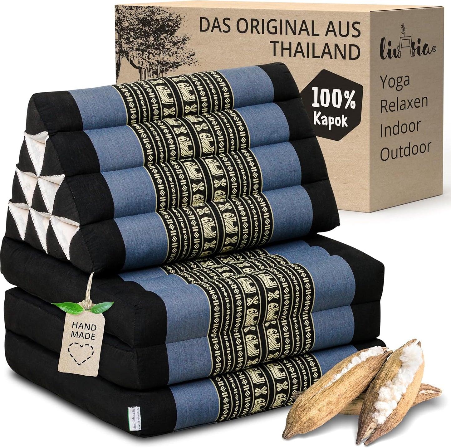 Thaikissen Dreieckskissen mit Klappmatratze, Blau/Elefanten