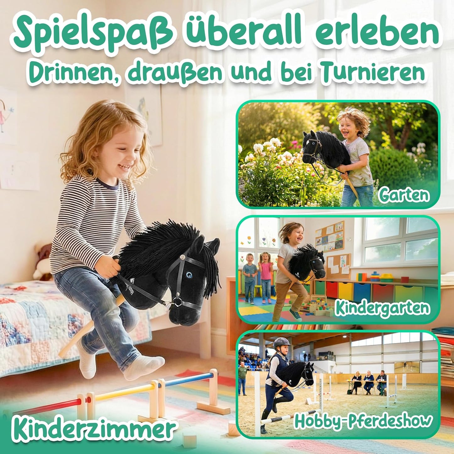 Blue SoulSteckenpferd mit realistischen Augen und Stall-Geschenkbox, Schwarz